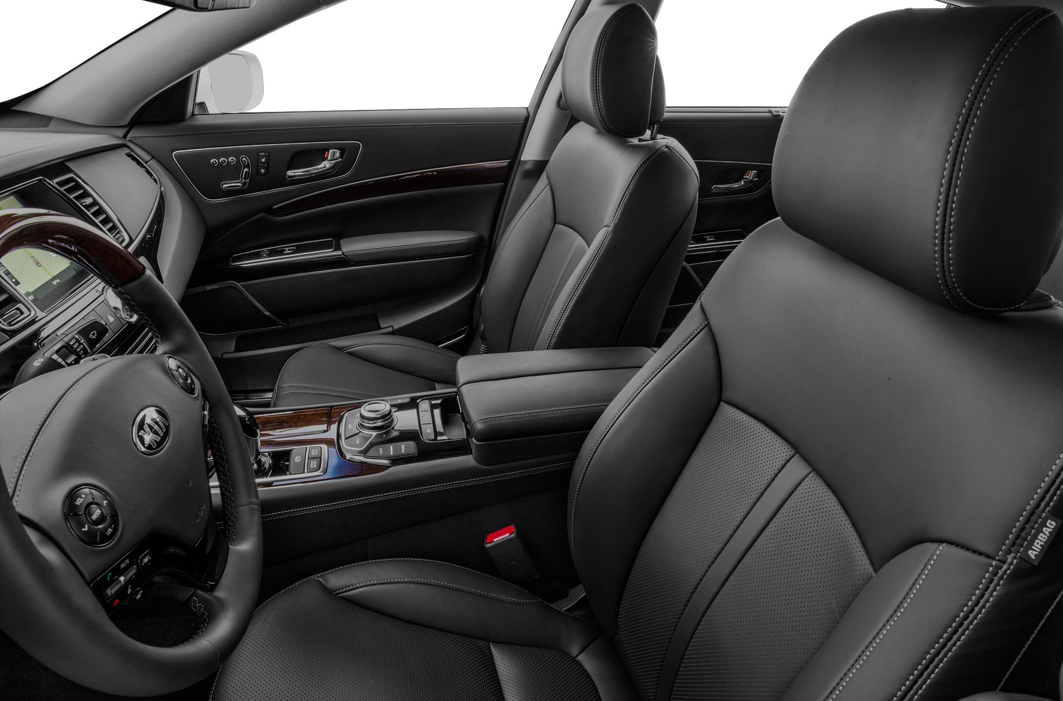 Black leather seats with wood-trimmed dashboard and advanced control panel