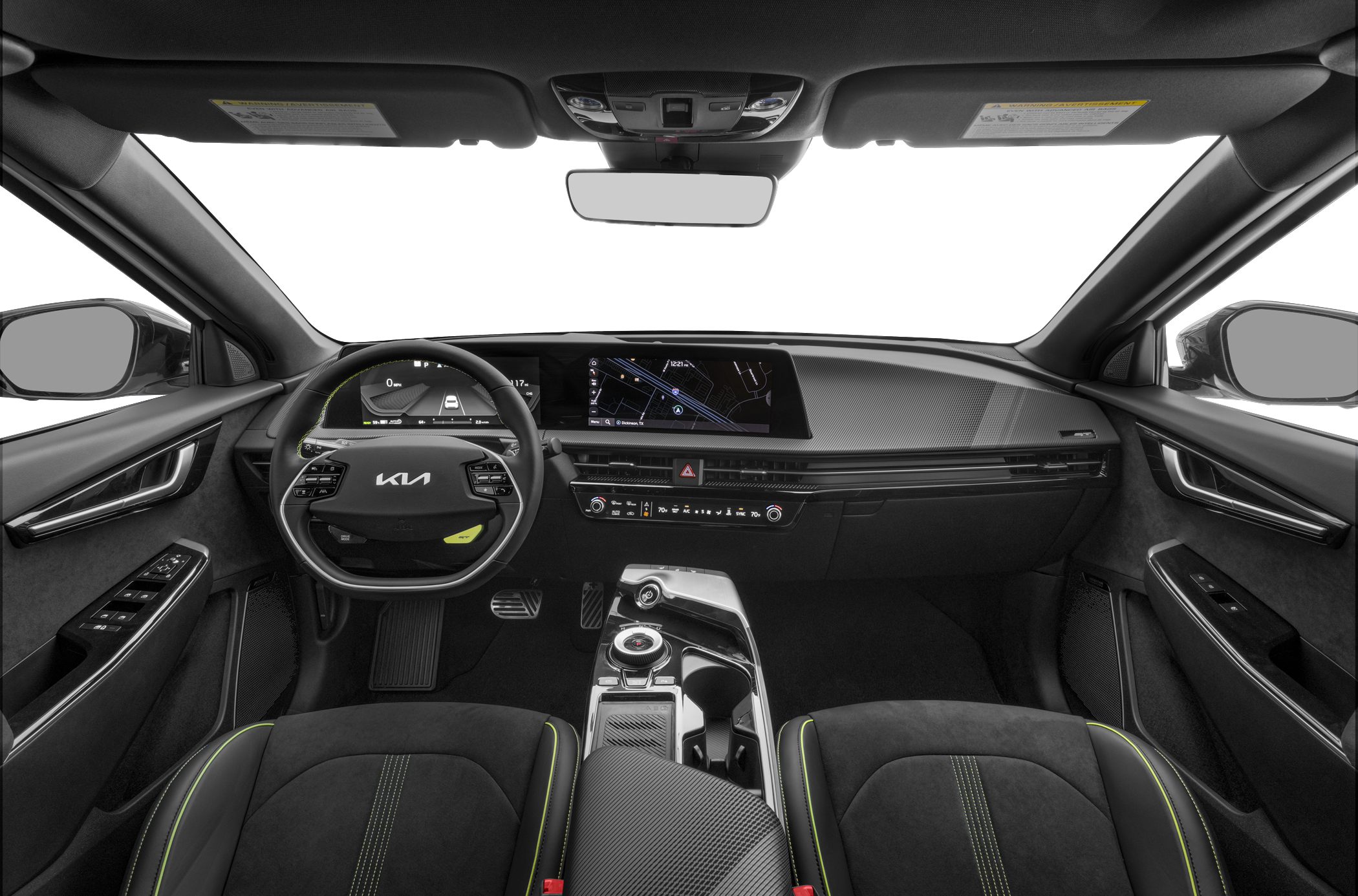 Dual digital displays and modern steering wheel in sleek car interior