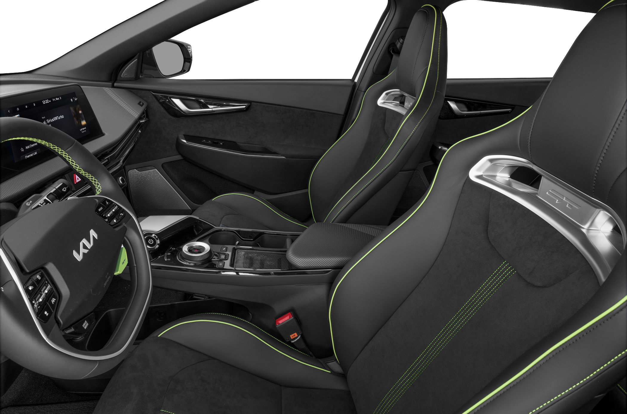 Sports bucket seats with contrast stitching and modern steering wheel