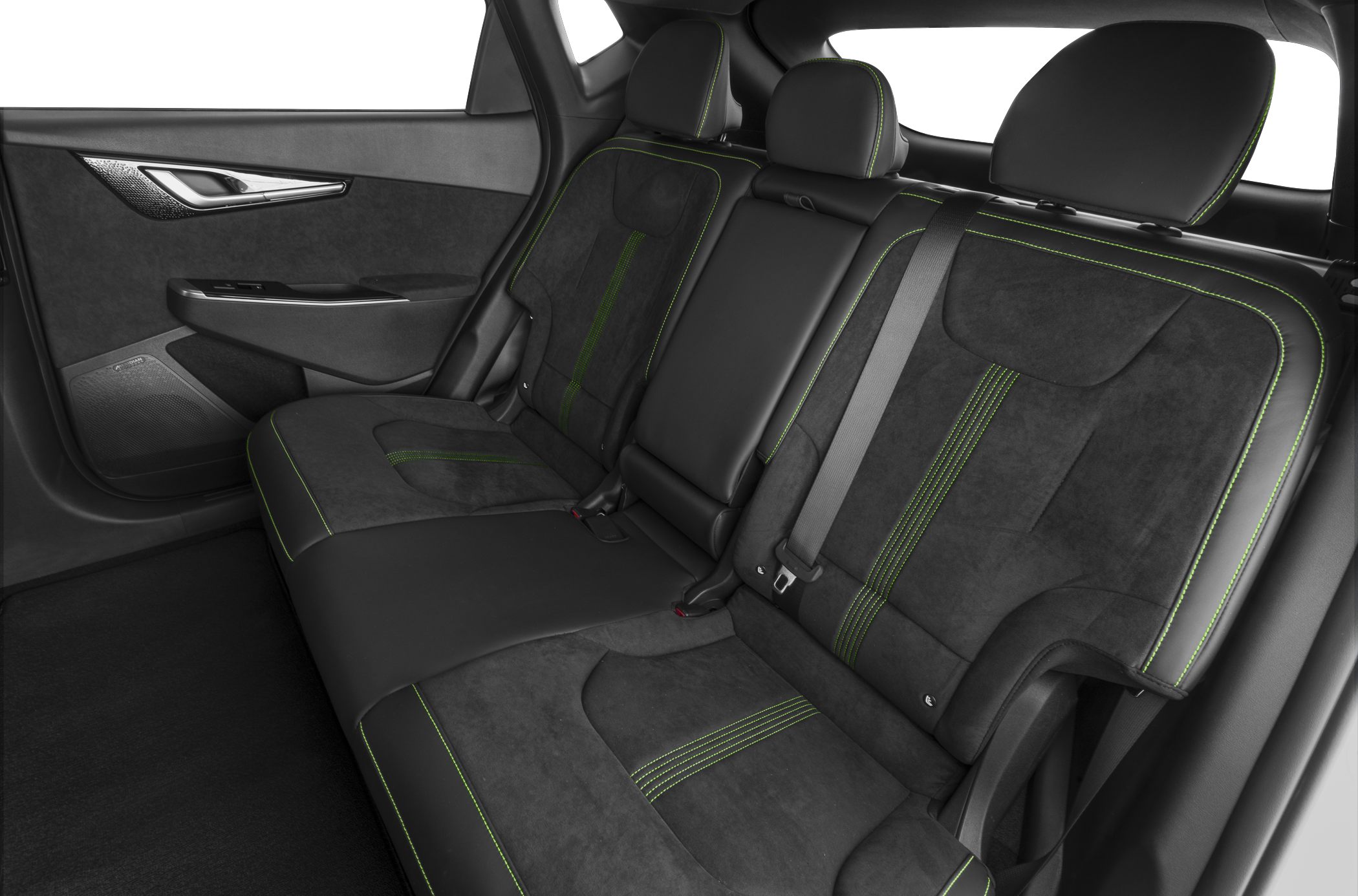 Rear seats with green contrast stitching and modern door panel