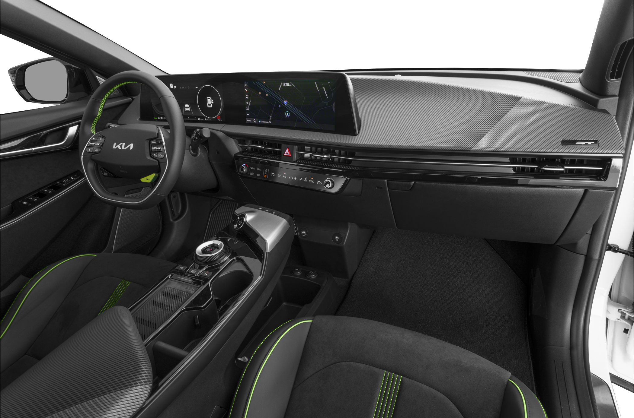 Panoramic digital dashboard and modern center console with green-stitched seats
