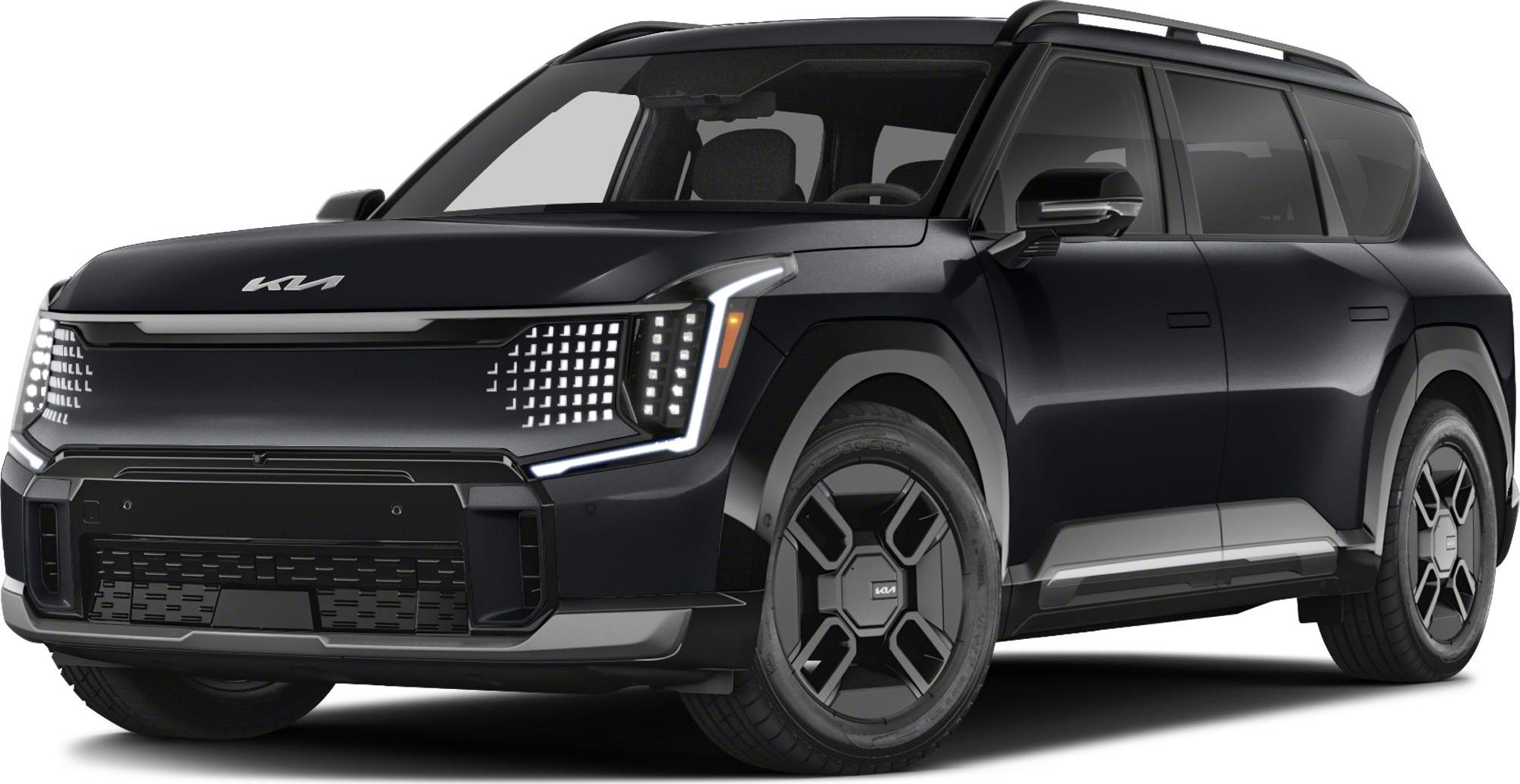 Futuristic LED pixel headlights and aerodynamic wheels on black electric SUV