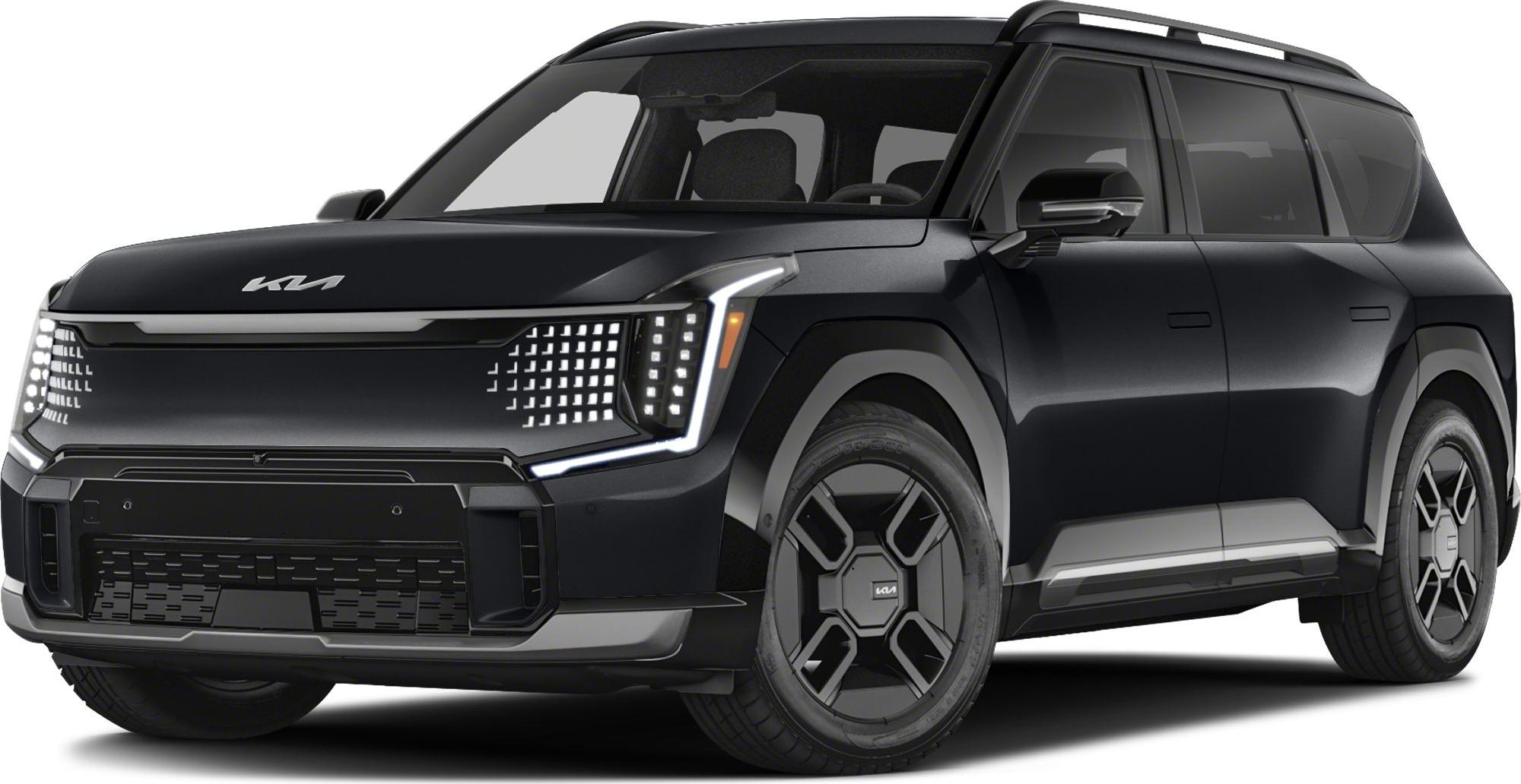 Electric SUV front with distinctive LED headlights and bold design