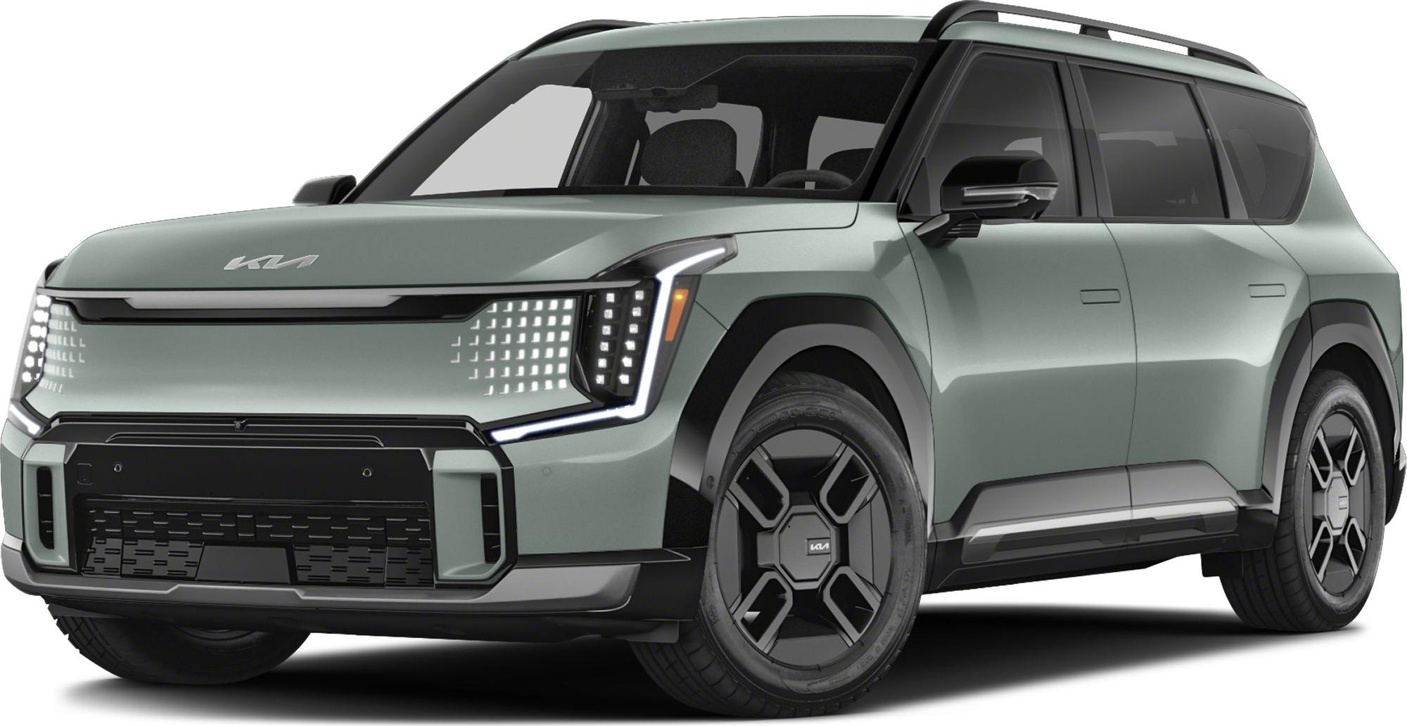 Electric SUV front with pixelated LED headlights and aerodynamic wheels