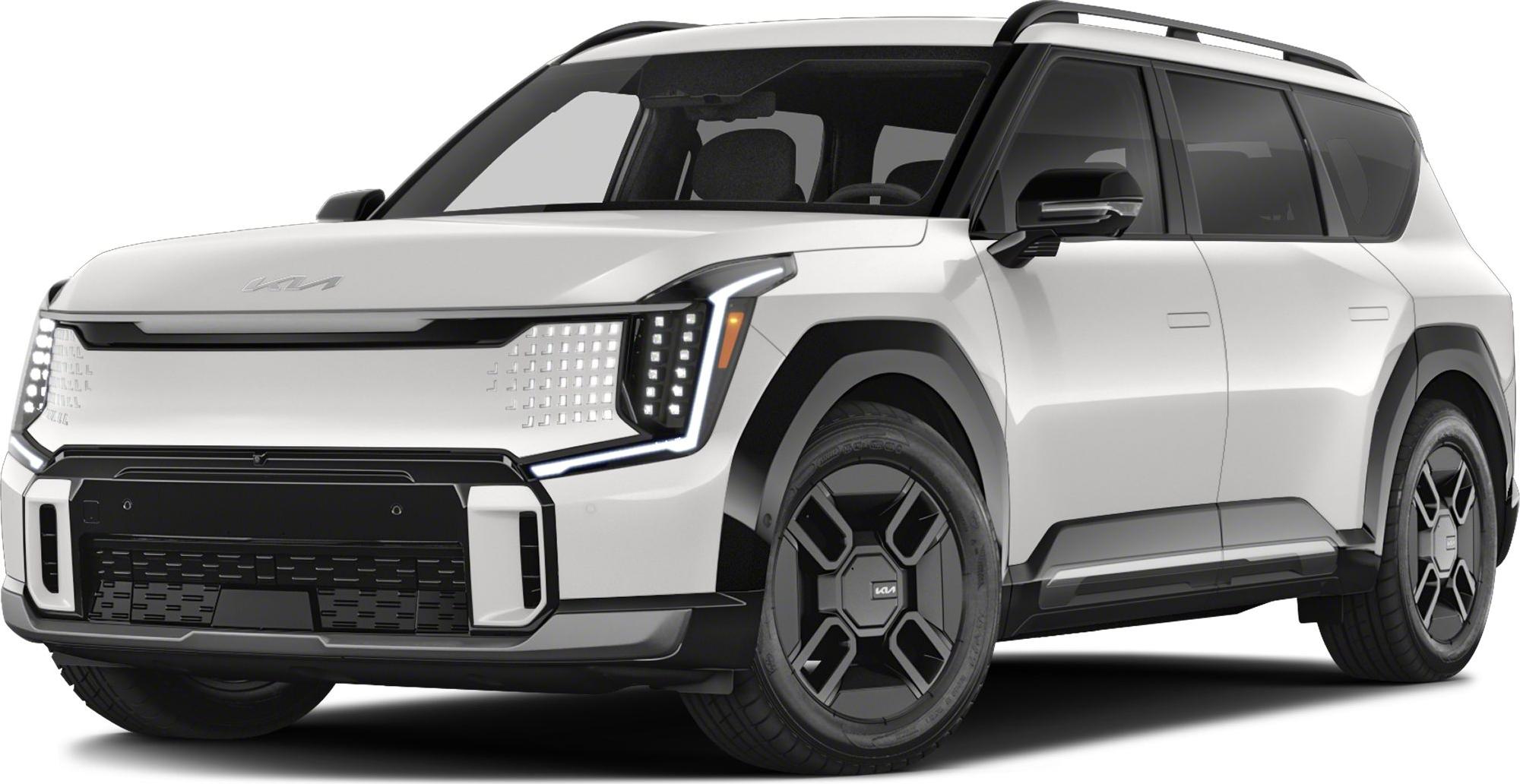 Futuristic LED headlights and sleek electric SUV front design