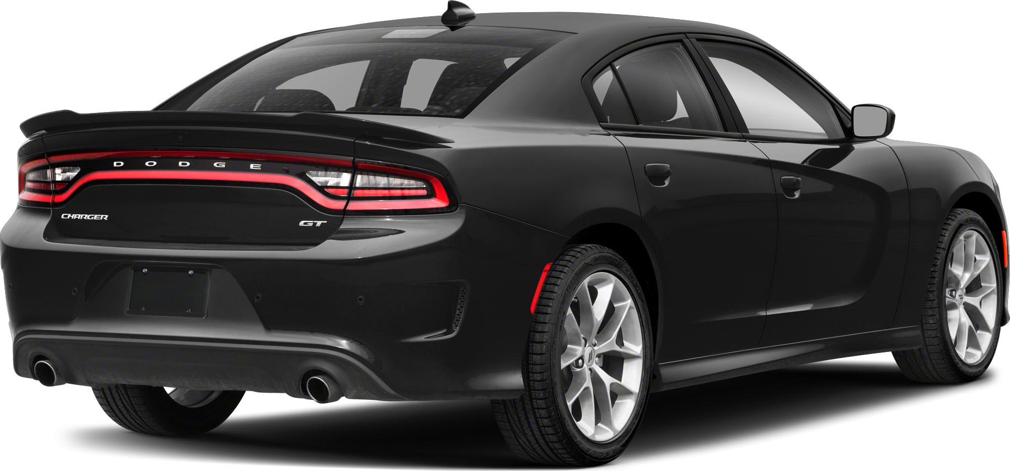 Rear view showing distinctive taillights and dual exhausts of a black sedan