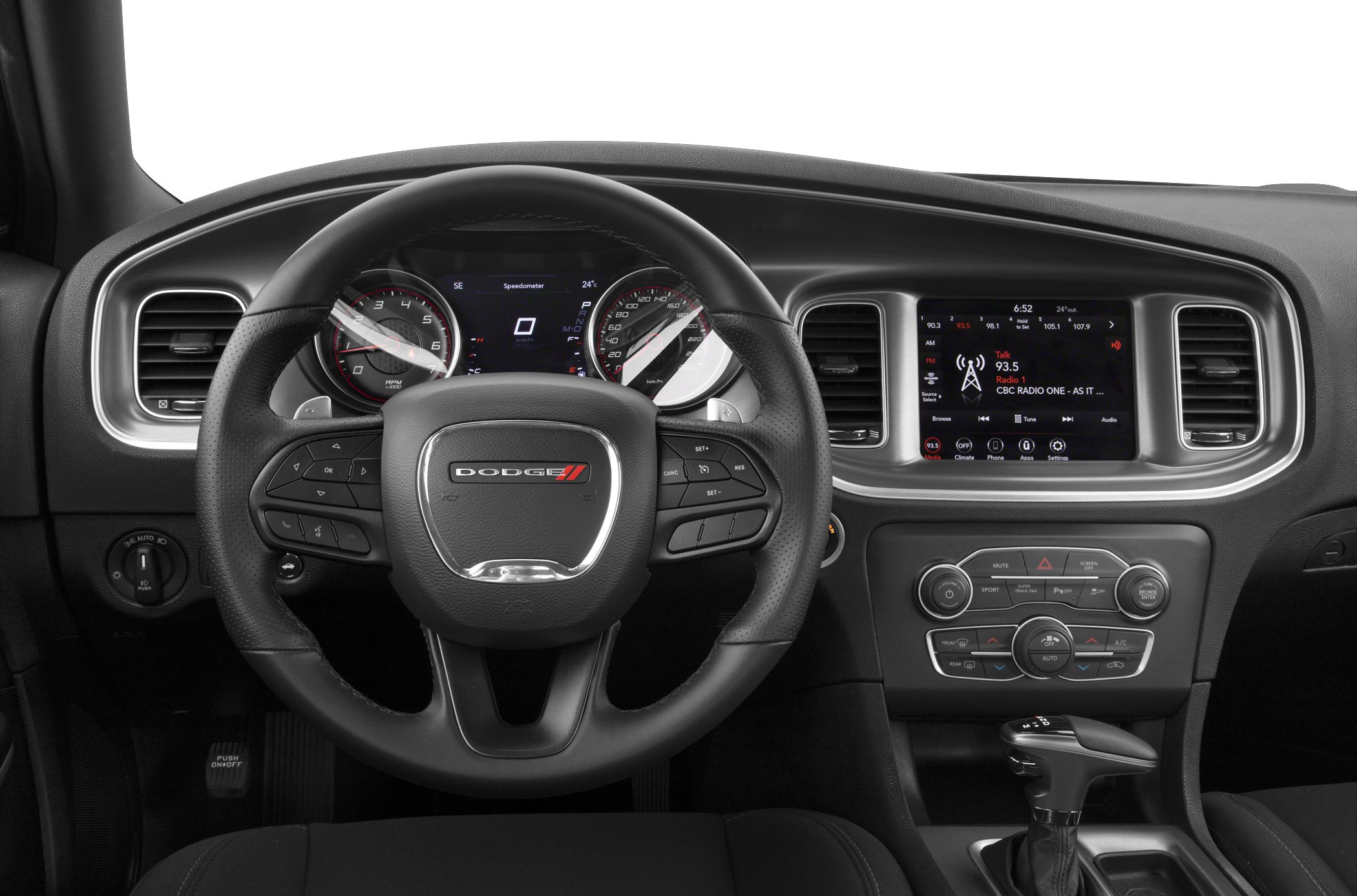 Steering wheel, digital instrument cluster, infotainment screen