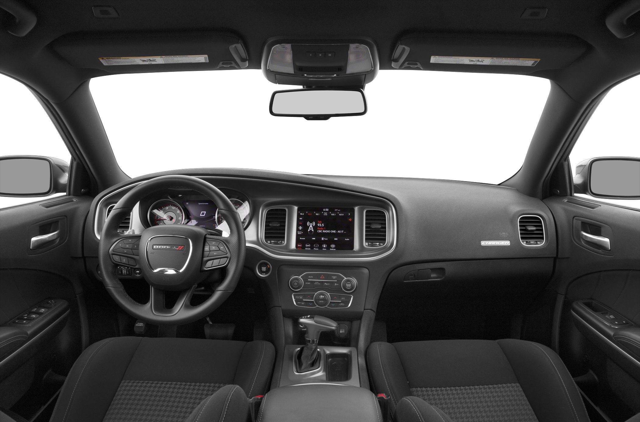 Steering wheel, dashboard, infotainment screen, and front seats interior view.
