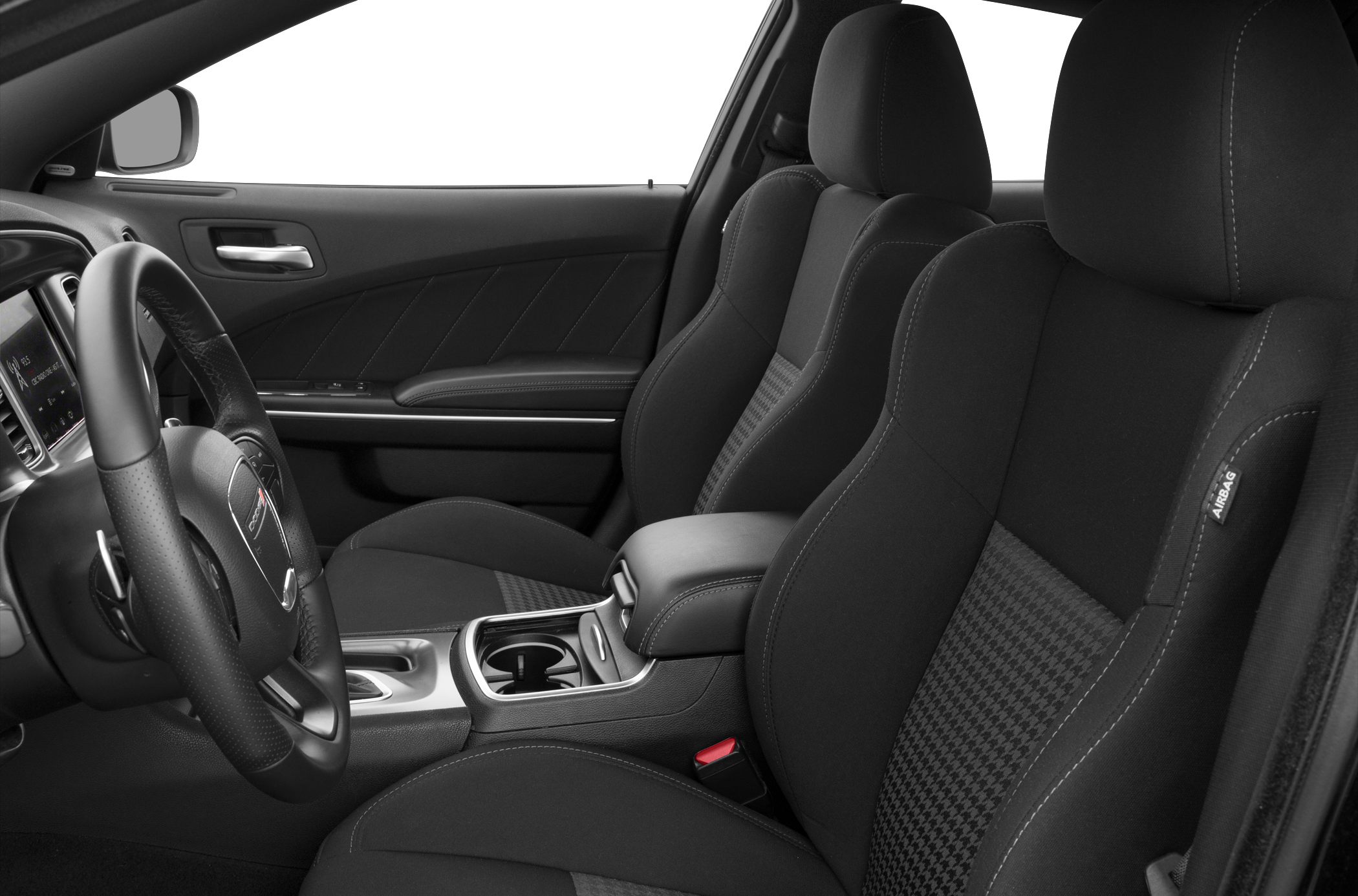 Black fabric front seats and steering wheel interior with ergonomic design and cup holders