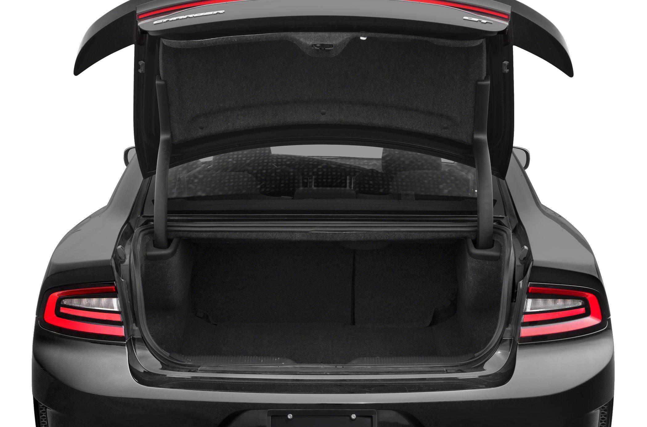 Open rear trunk with taillights and interior cargo space