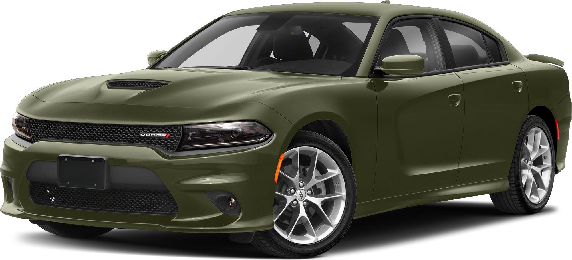 Olive green sedan with hood scoop and alloy wheels front-left view