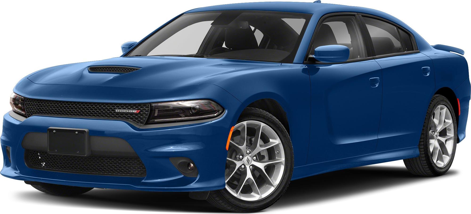Front side view of sporty mid-size sedan with hood scoop and alloy wheels