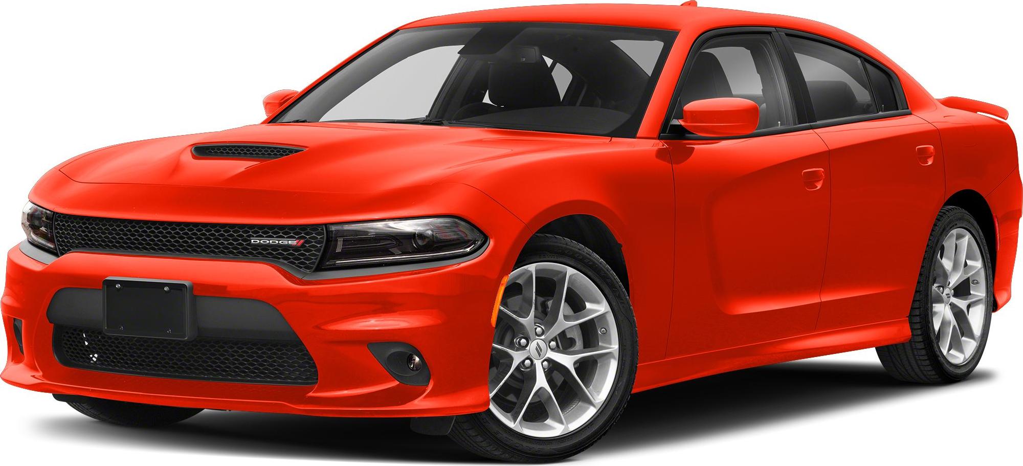 Red muscle car with hood scoop and mesh grille front.