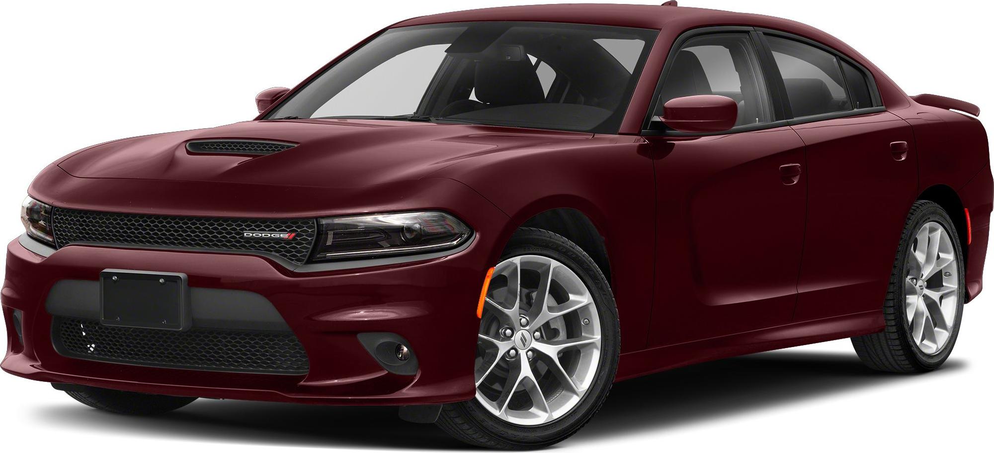 Deep red muscle sedan with vented hood and silver alloy wheels