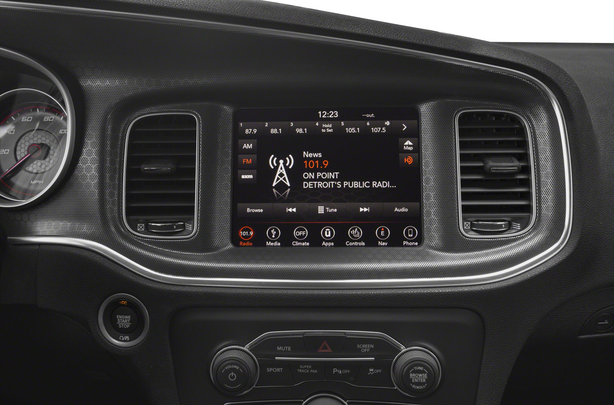 Infotainment screen and dashboard controls with air vents and start/stop button