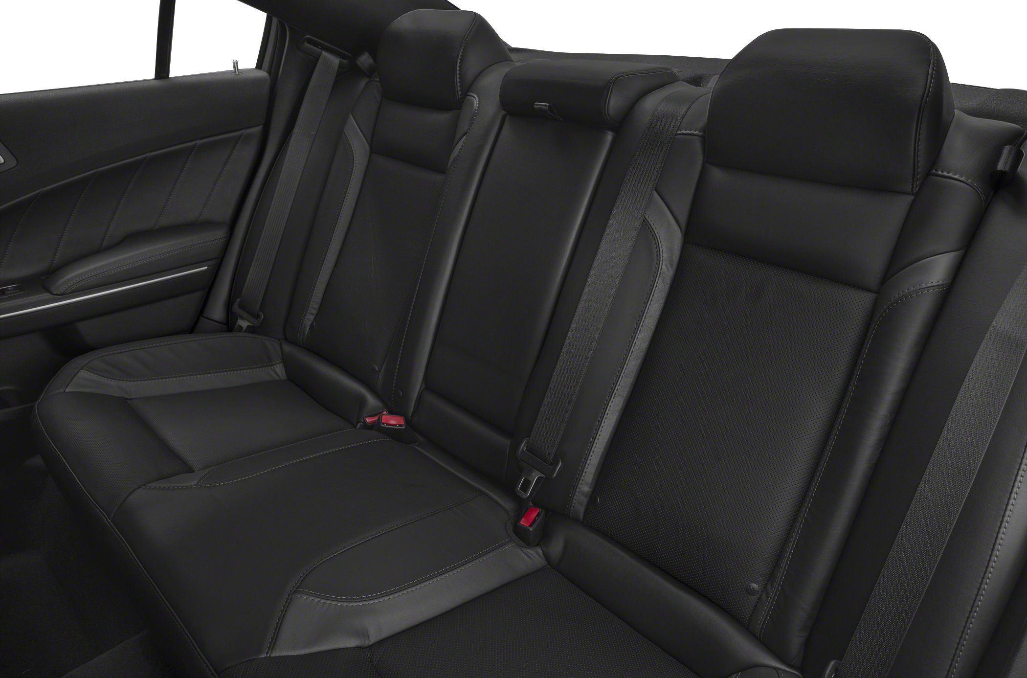 Black leather rear seat with seat belts and detailed stitching