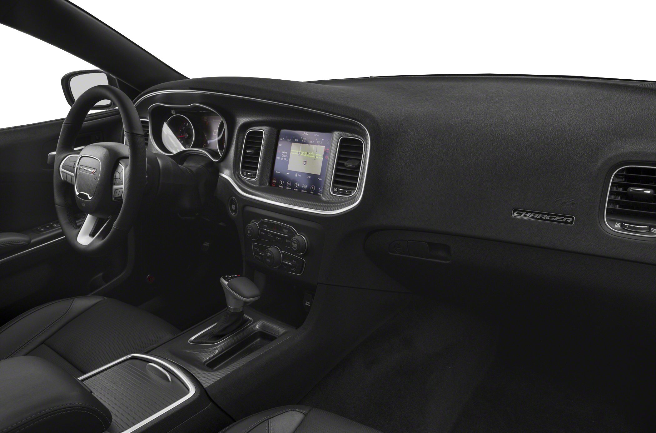 Interior dashboard with touchscreen, steering wheel, and gear shifter