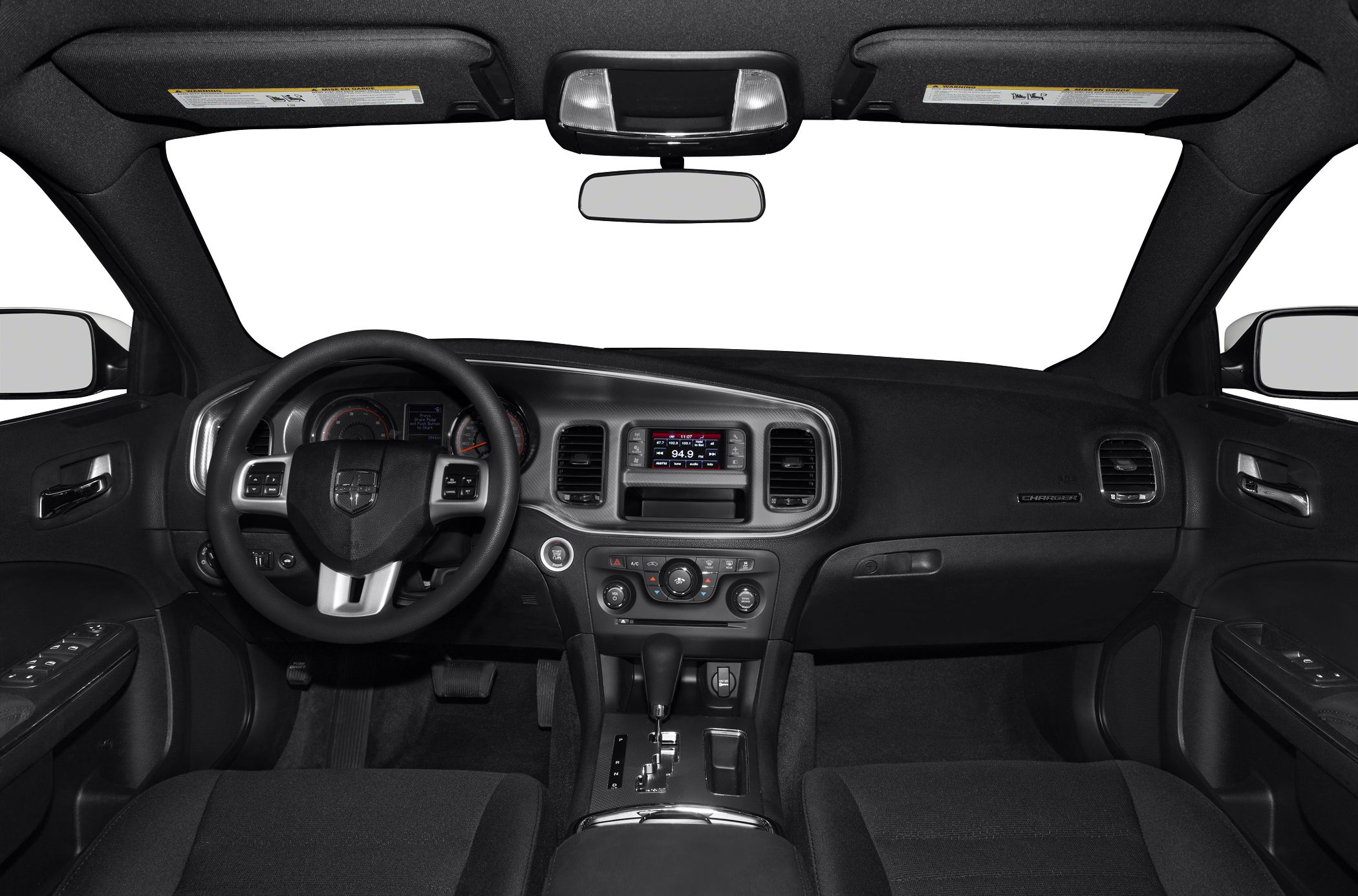 Car interior with steering wheel, dashboard, and center console