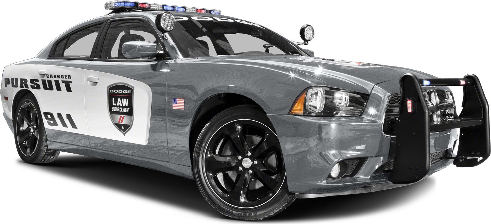 Police pursuit vehicle with push bumper and roof spotlights