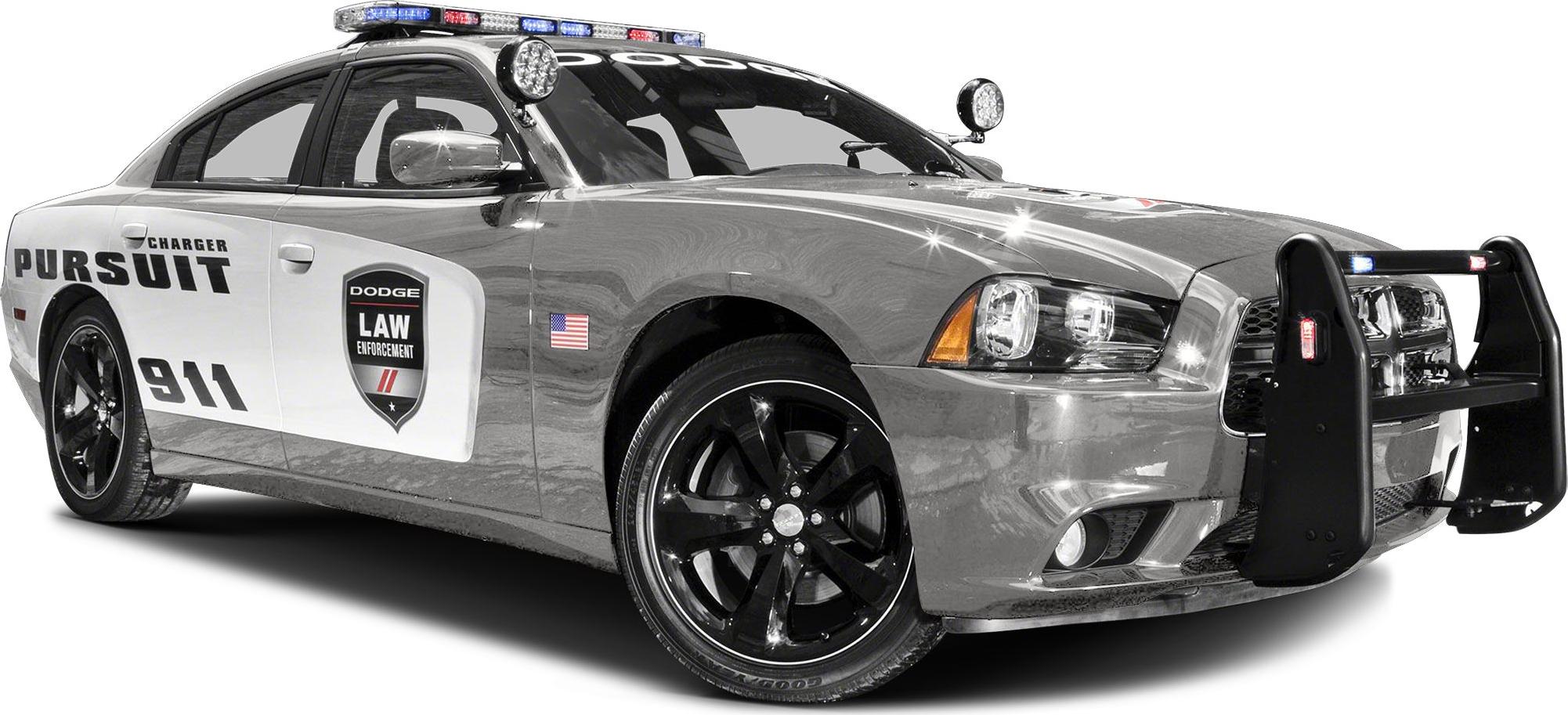 Police pursuit car with push bar, roof light bar, spotlight, and black alloy wheels