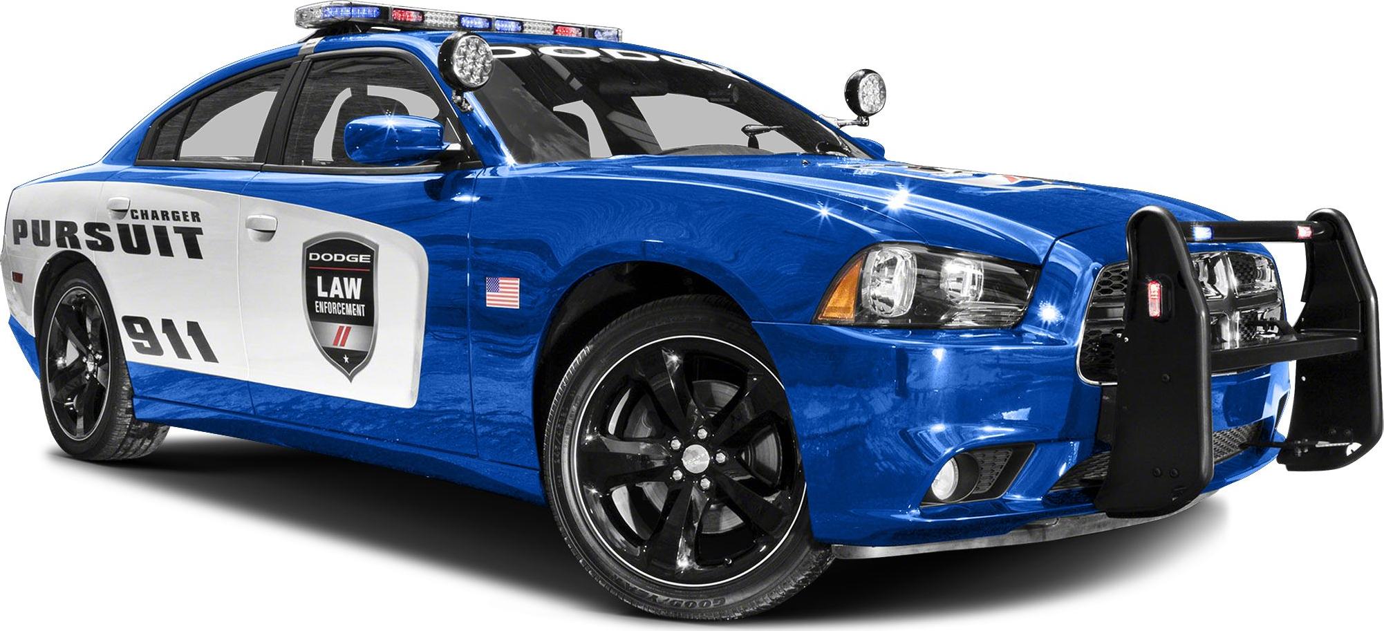 Blue and white police pursuit vehicle with push bumper and roof lights
