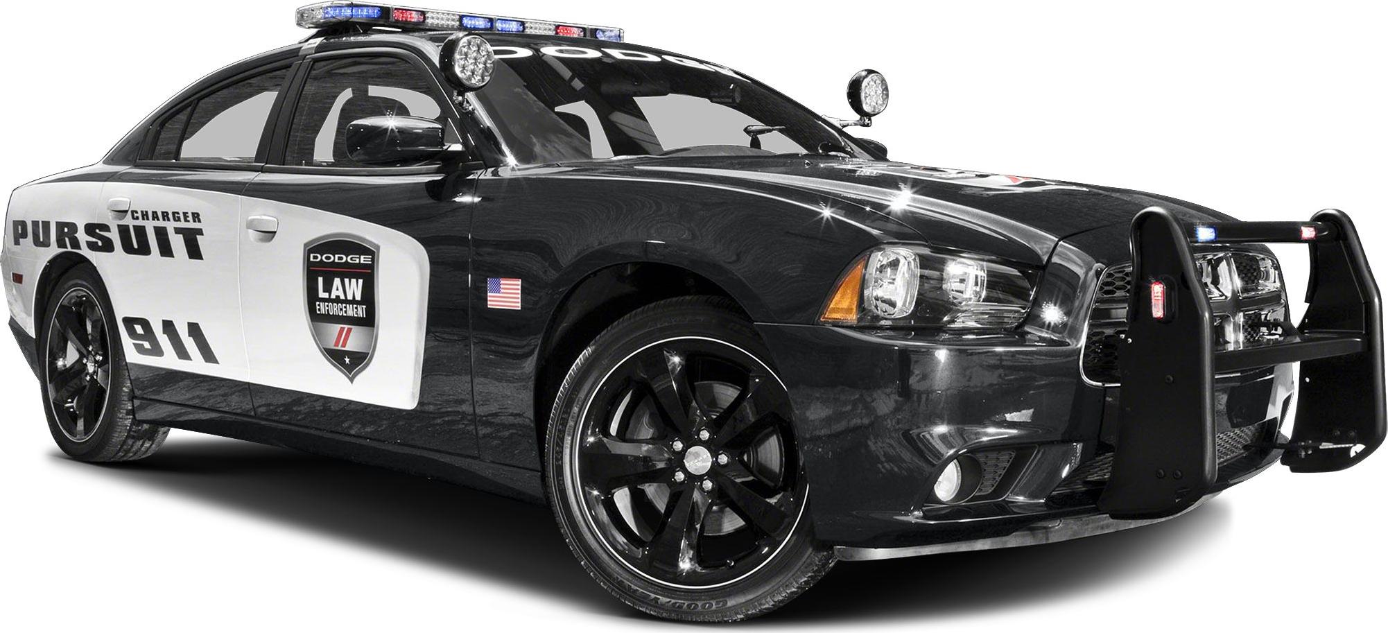 Police pursuit vehicle with push bar and roof-mounted police lights