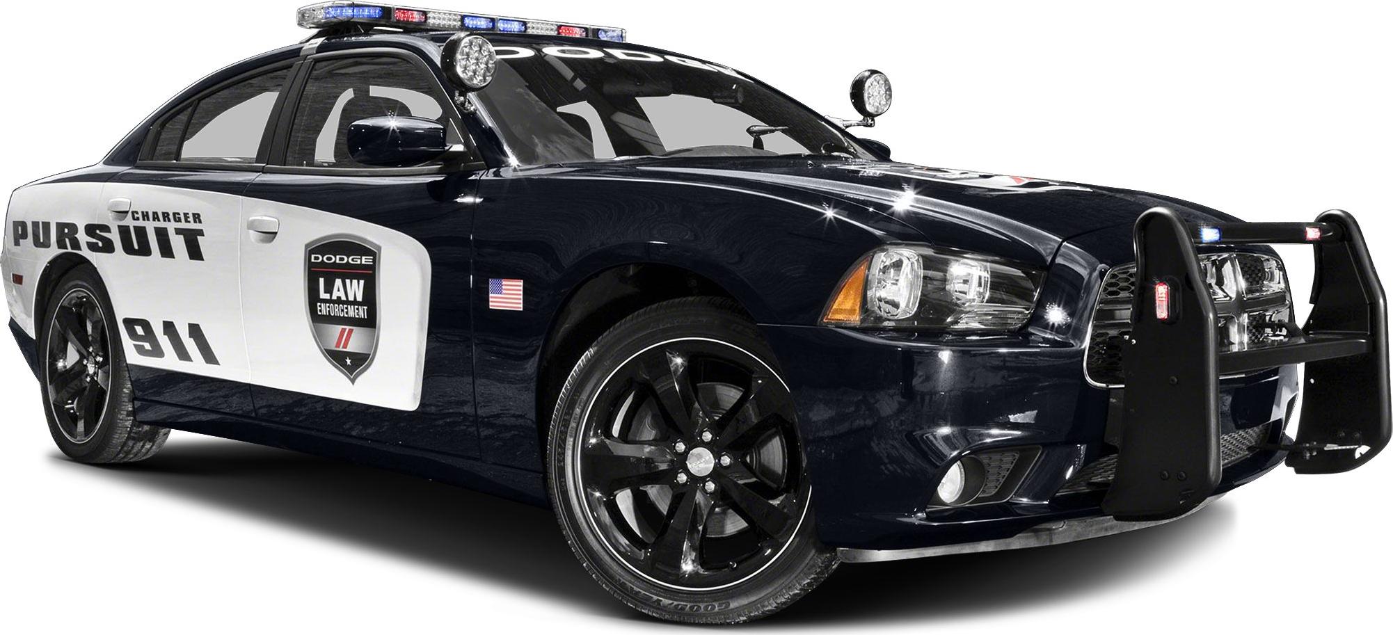 Law enforcement Dodge Charger with pursuit decals, police lights, and push bumper
