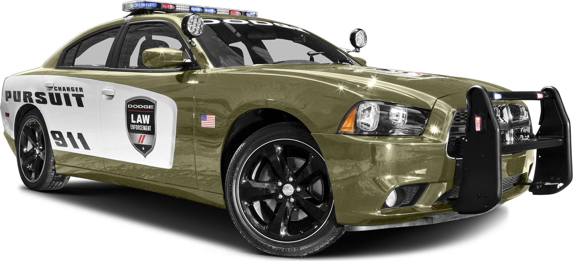 Front side view of police pursuit vehicle with emergency lights and decals