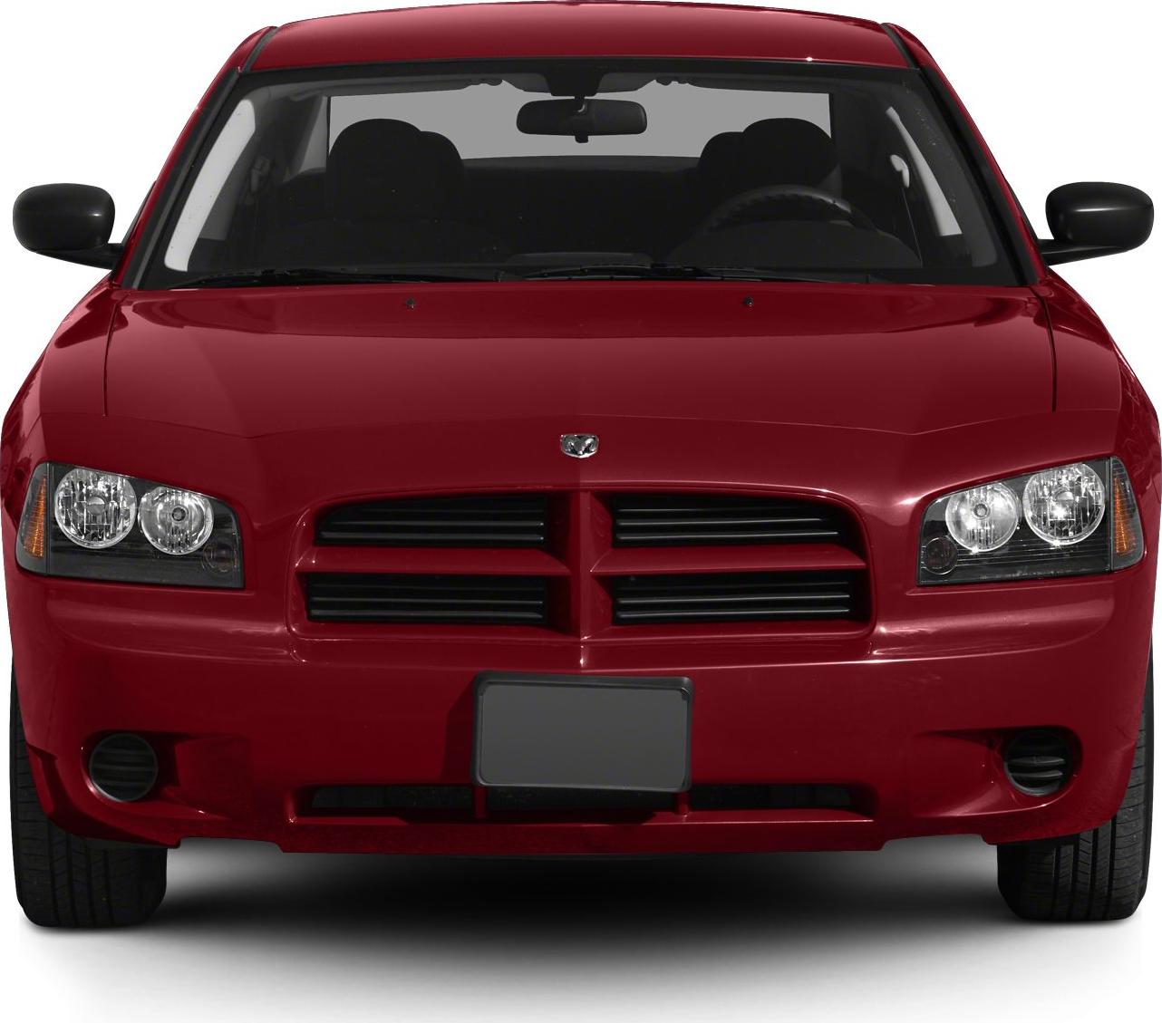 Close-up of front grill with split design and dual round headlights.