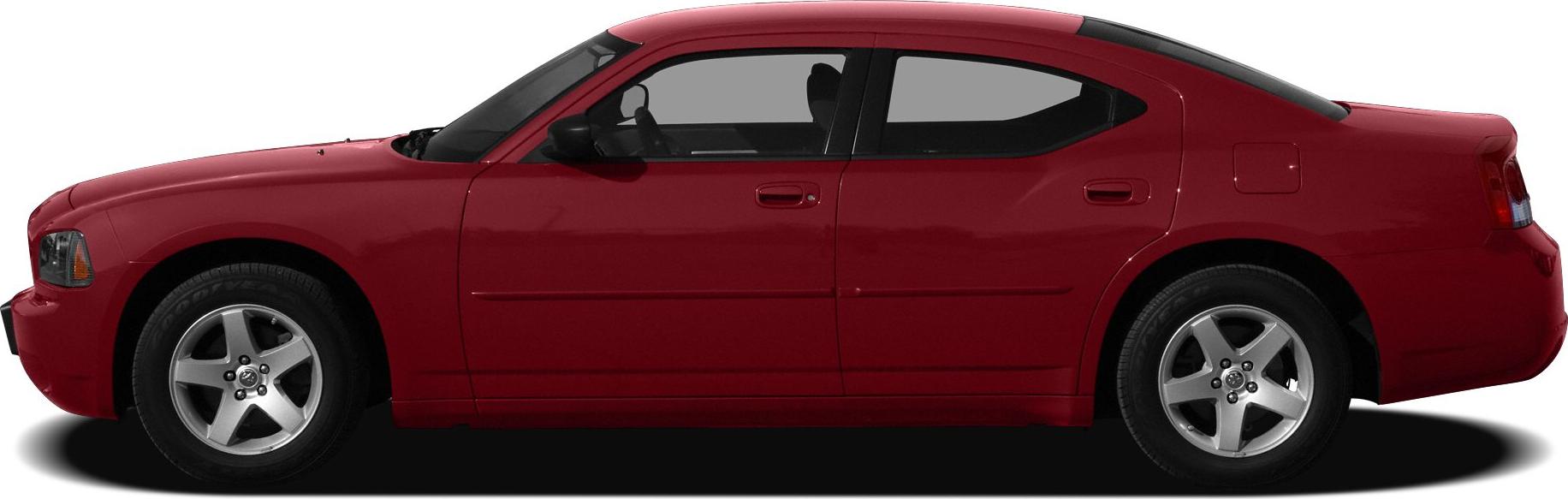 Red four-door sedan with alloy wheels, side profile view.