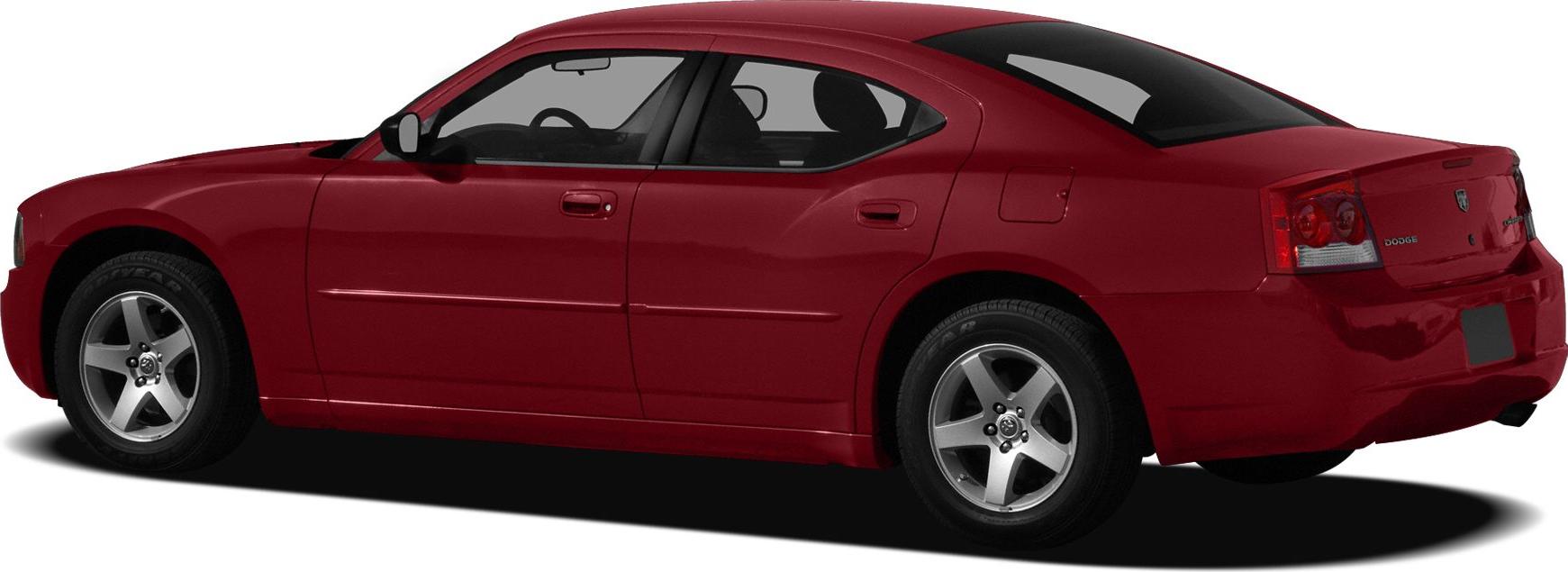 Side profile of red four-door sedan with alloy wheels