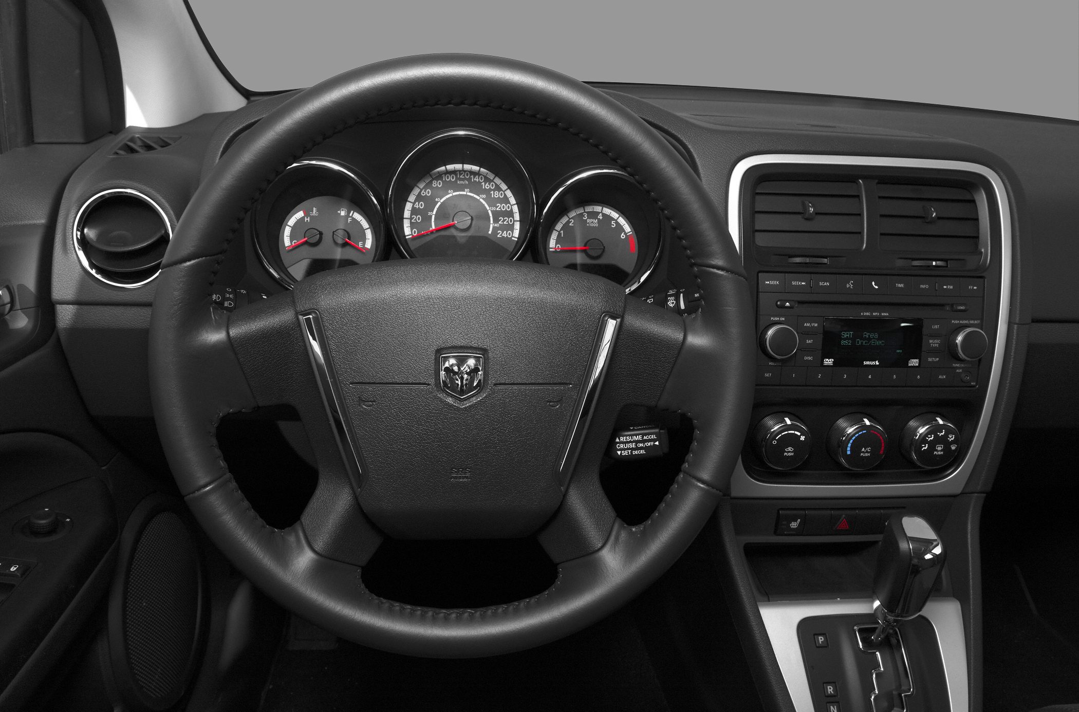 Steering wheel, instrument cluster, and center console dashboard view