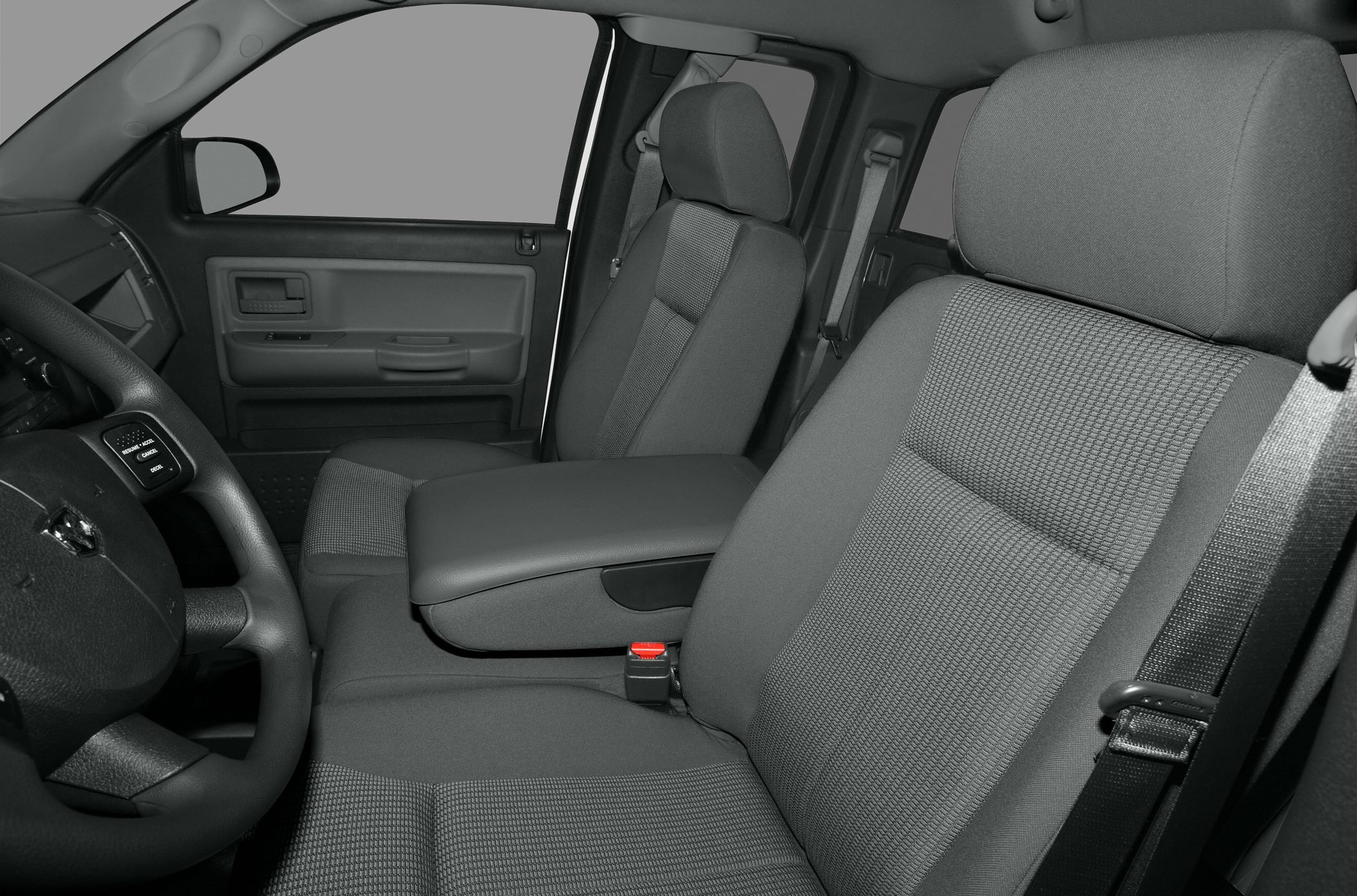 Front seats and center console with fabric upholstery