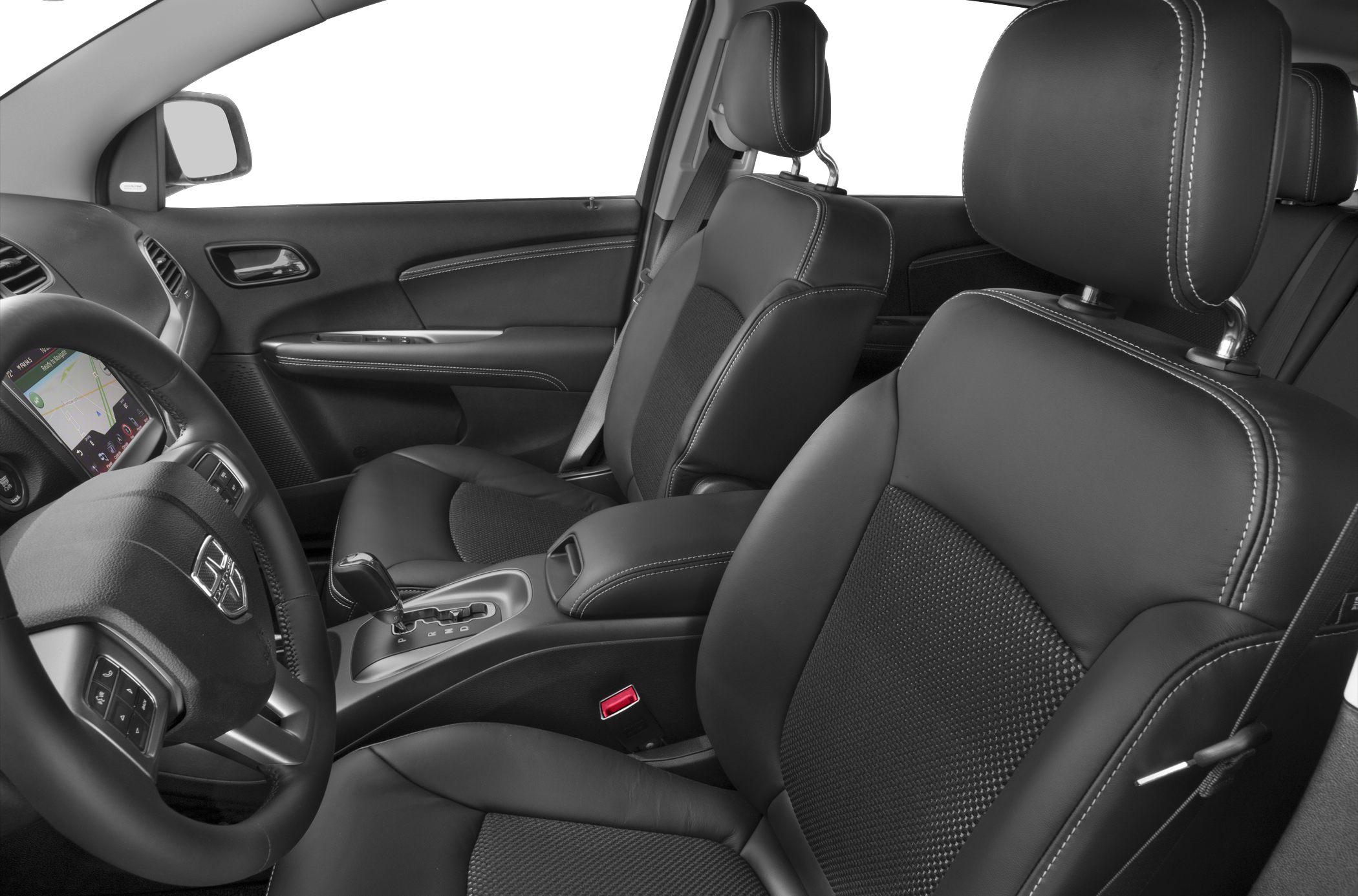 Leather seats with contrast stitching and touchscreen navigation dashboard