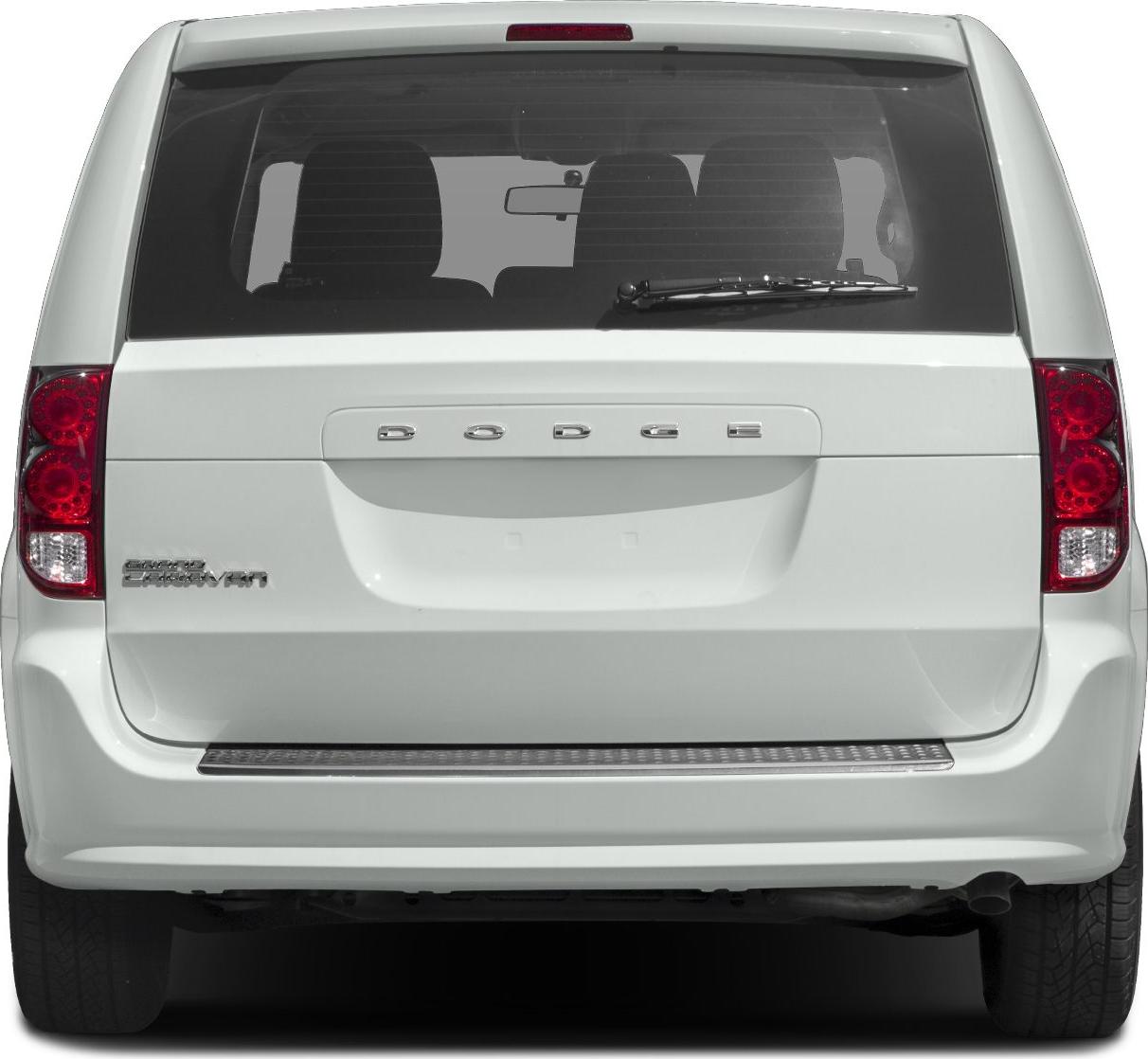 Minivan rear view with taillights, rear window, and emblem placement