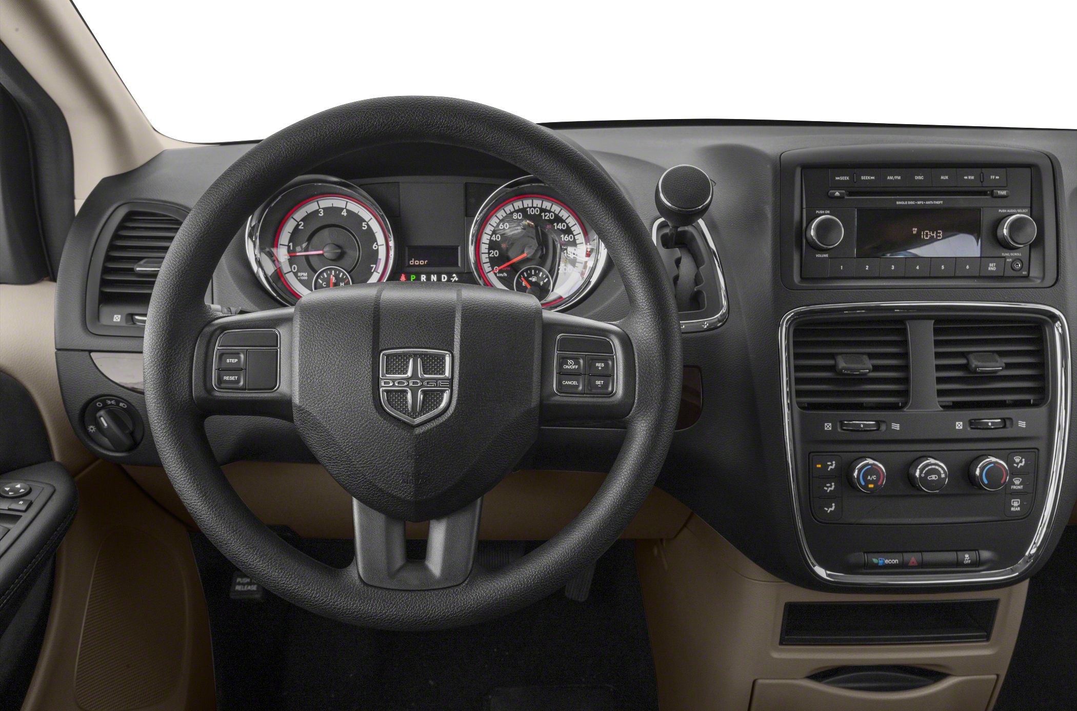 Steering wheel, instrument cluster, and center console with climate and radio controls