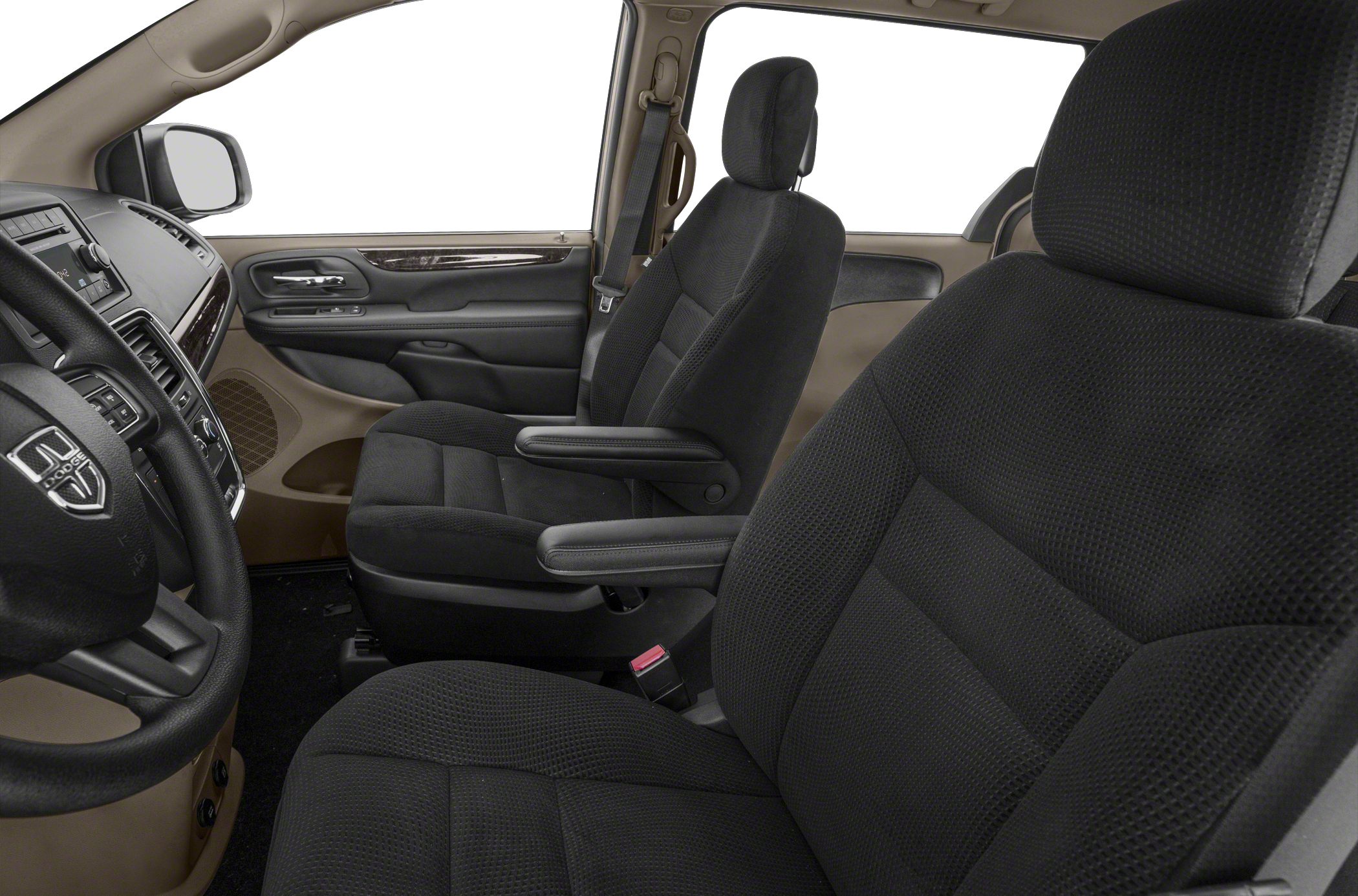 Front car interior with fabric seats and armrests