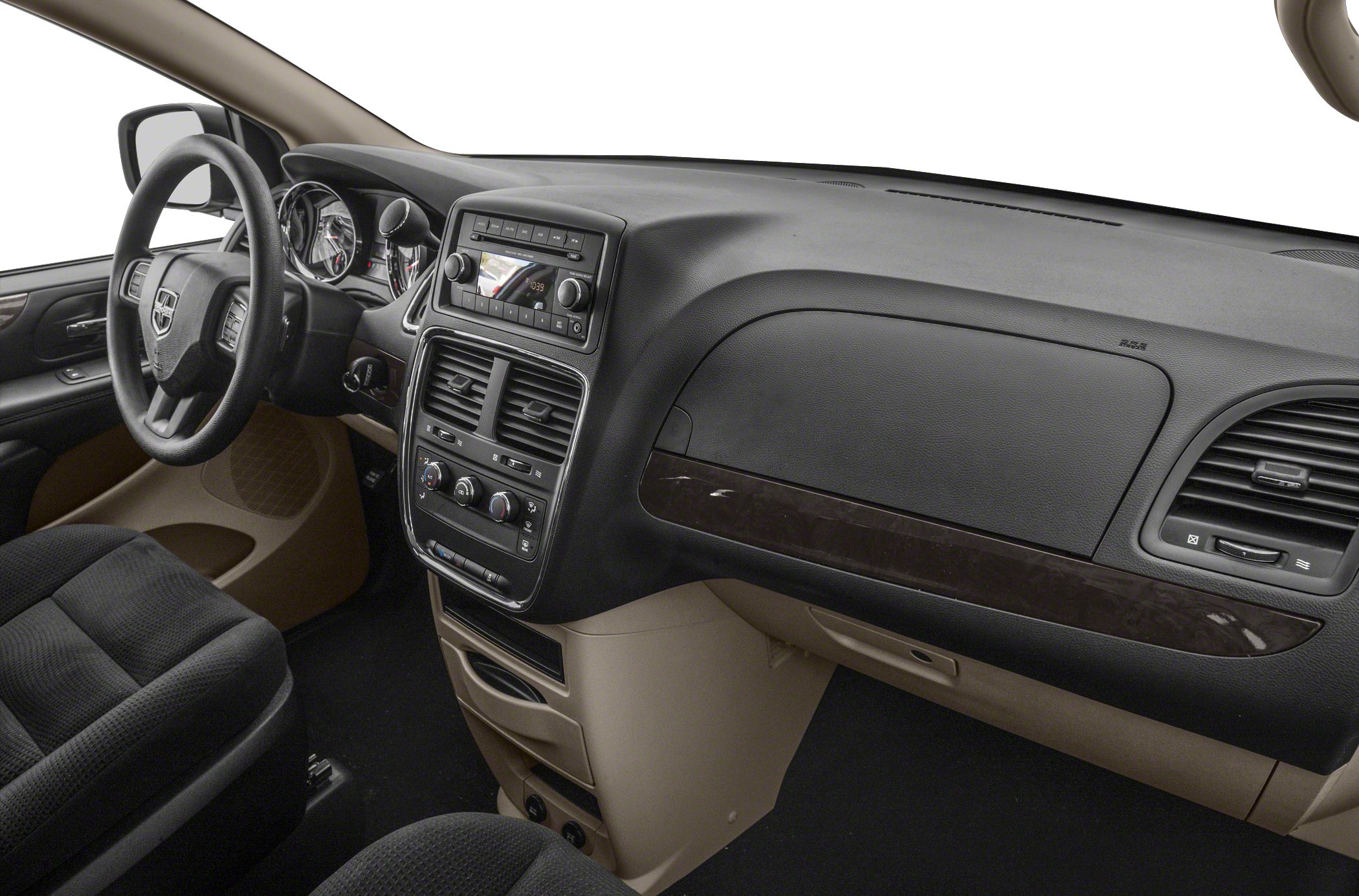 Dashboard and front interior with controls and seating of a minivan