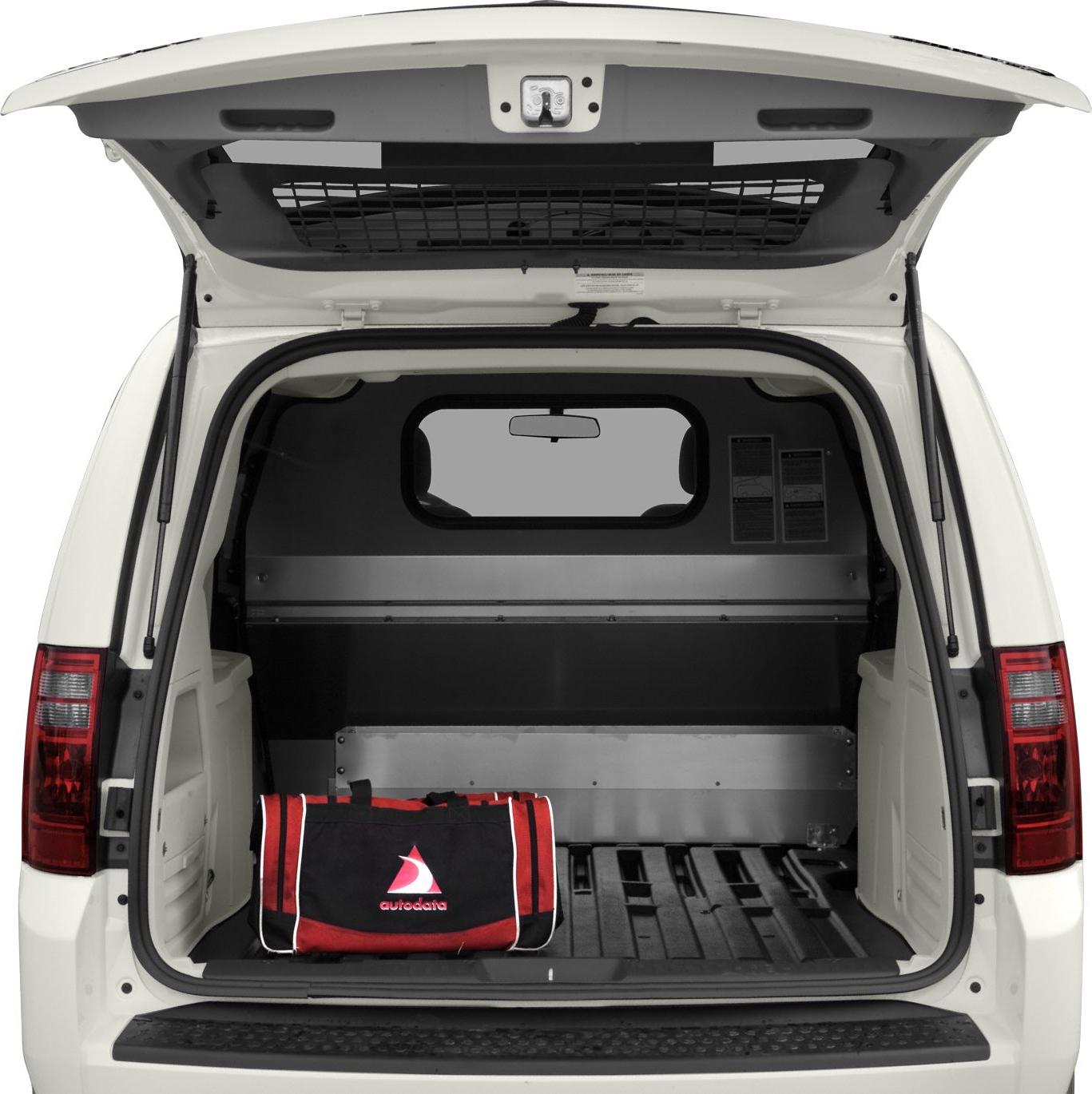 Rear cargo area with open hatch and protective panel
