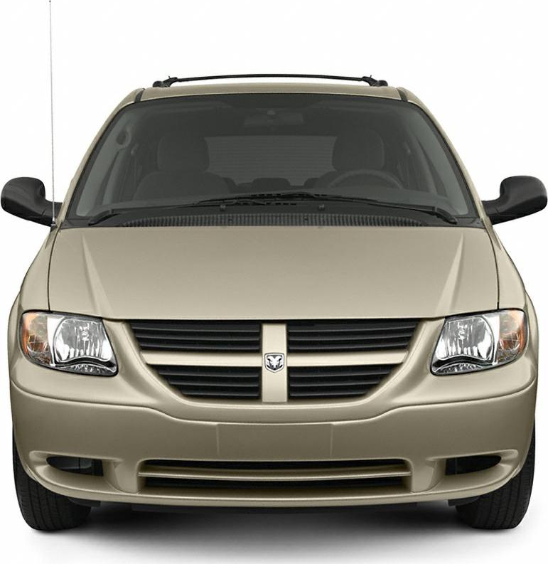 Front view focusing on grille and headlights of a minivan.