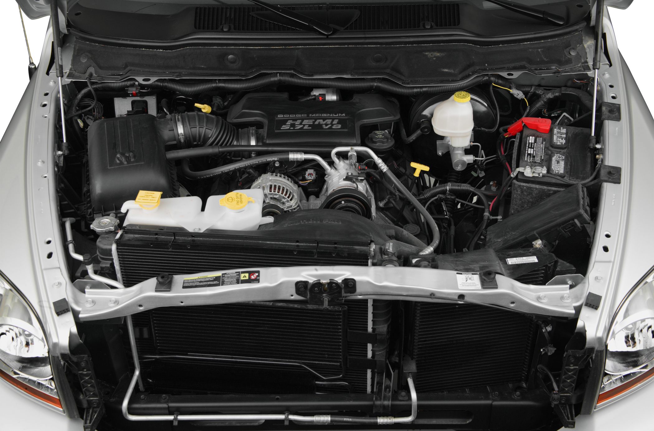 5.7L V8 HEMI engine bay with fluid reservoirs and radiator