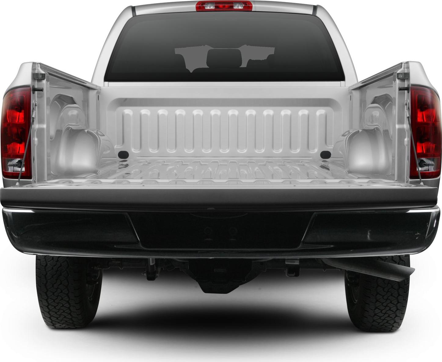 Open cargo bed with tailgate down and visible wheel arches