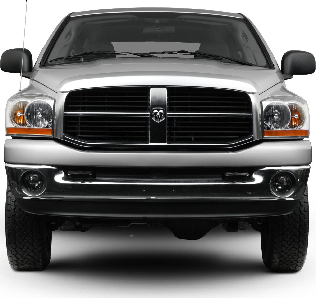Front view with grille, headlights, chrome bumper