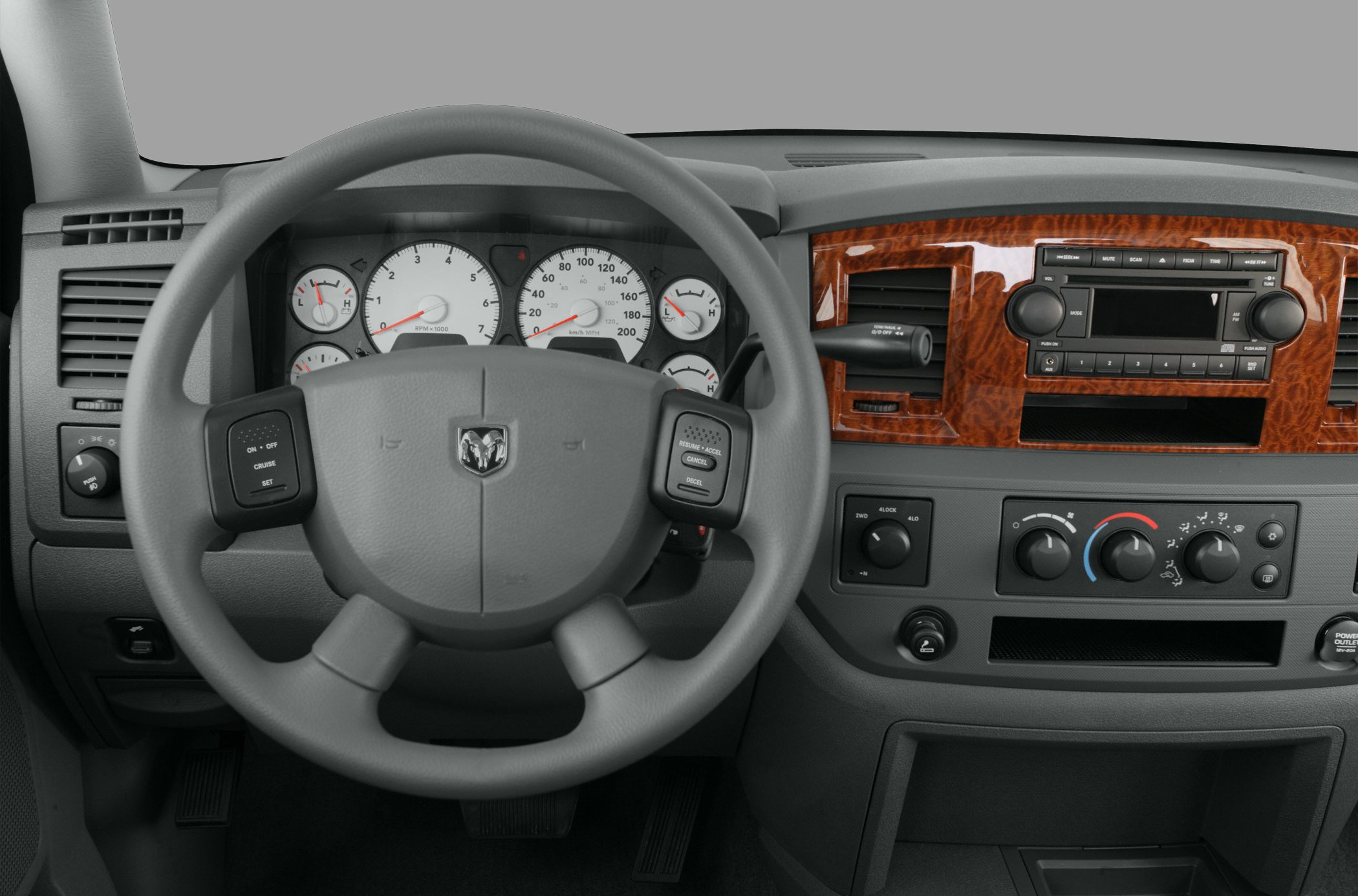 Steering wheel, instrument cluster, wood panel dashboard