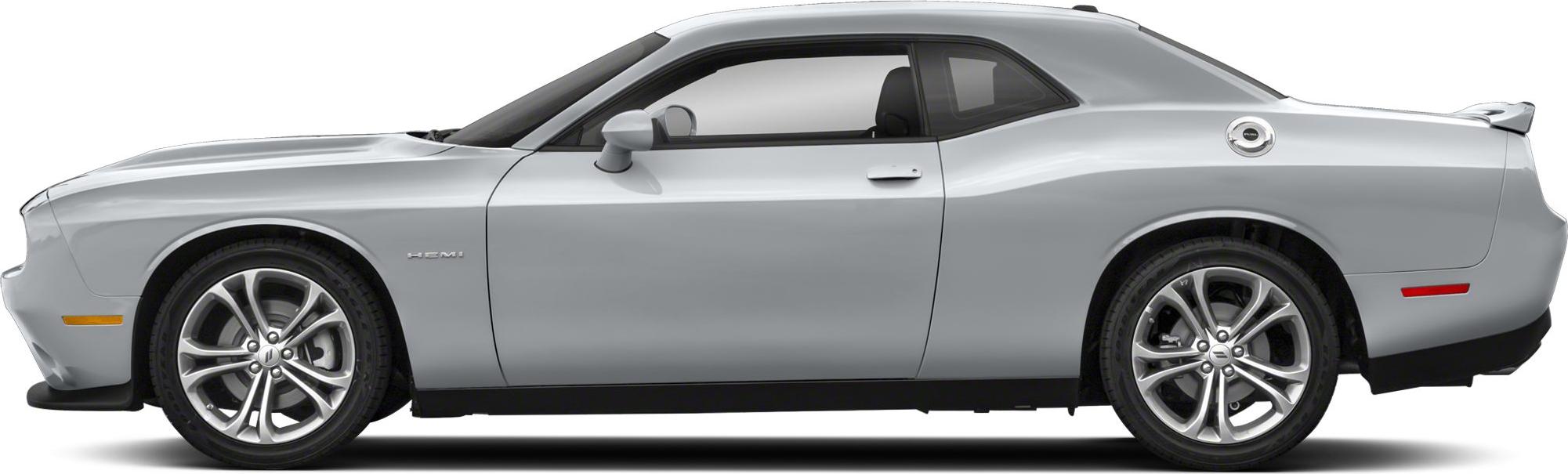 Side profile of a two-door muscle coupe with alloy wheels and HEMI badge