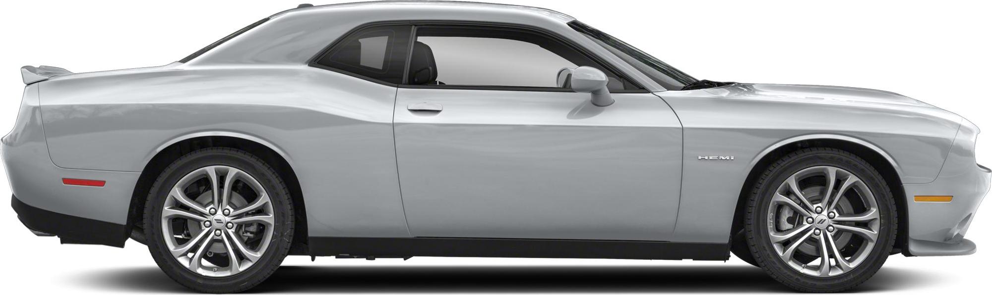 Silver muscle coupe side profile with HEMI badge and rear spoiler