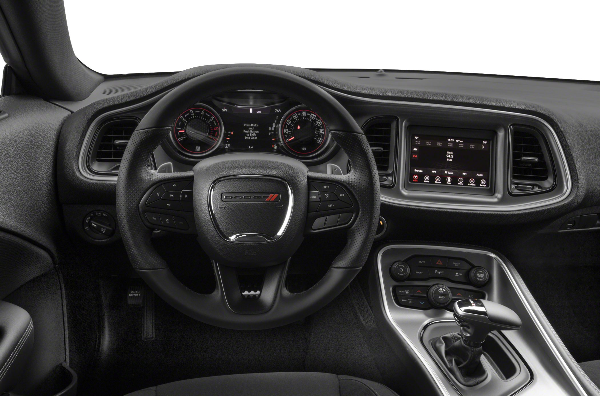 Steering wheel, dashboard instruments, infotainment touchscreen, center console controls.