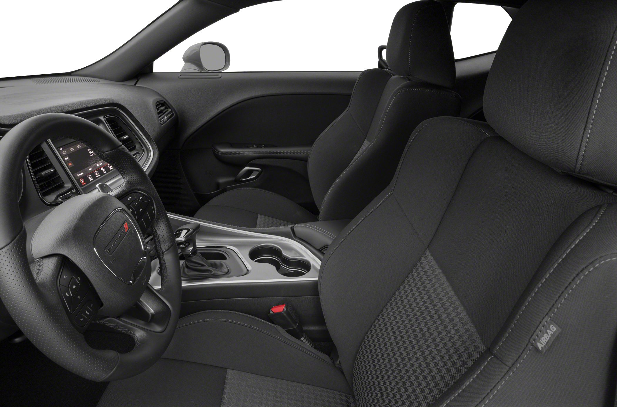 Front cabin with steering wheel, modern seats and center console