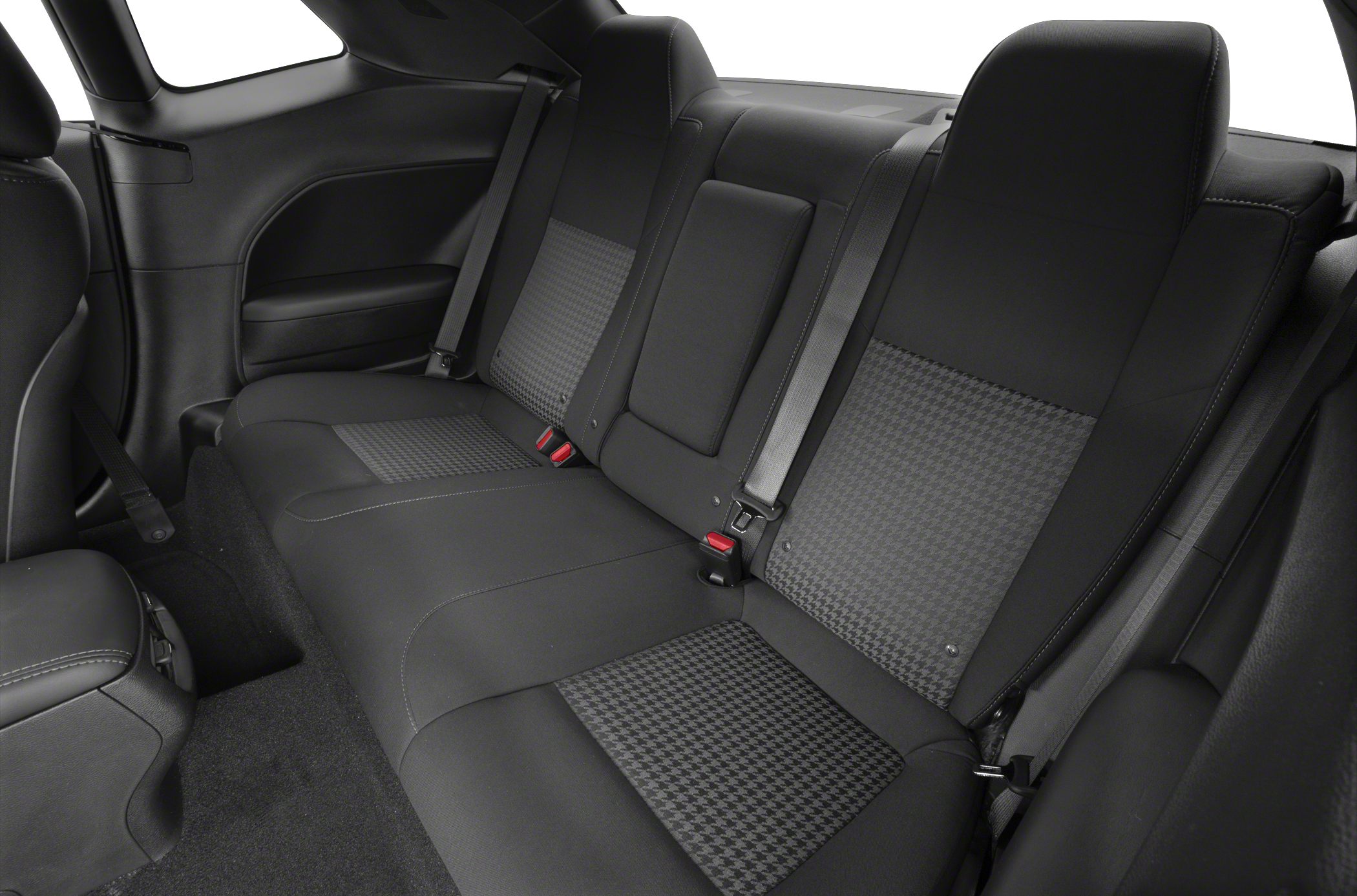 Rear seat with black upholstery and patterned fabric inserts