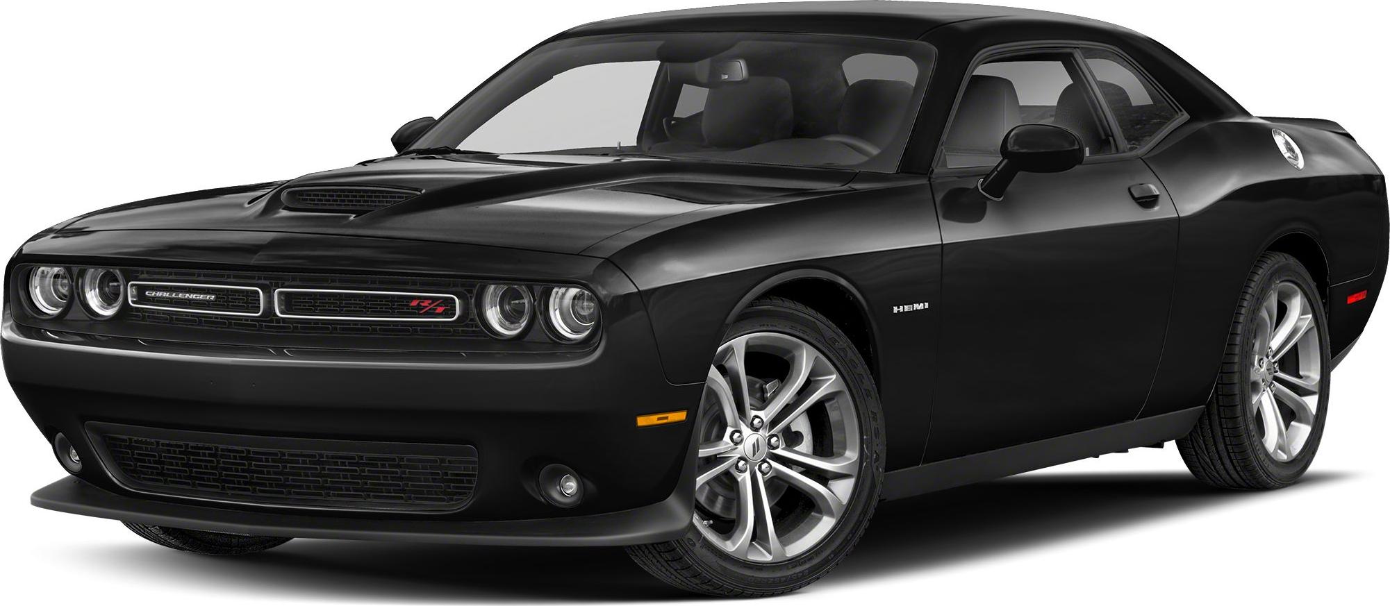 Front and side view of a black muscle coupe with dual round headlights and hood scoop